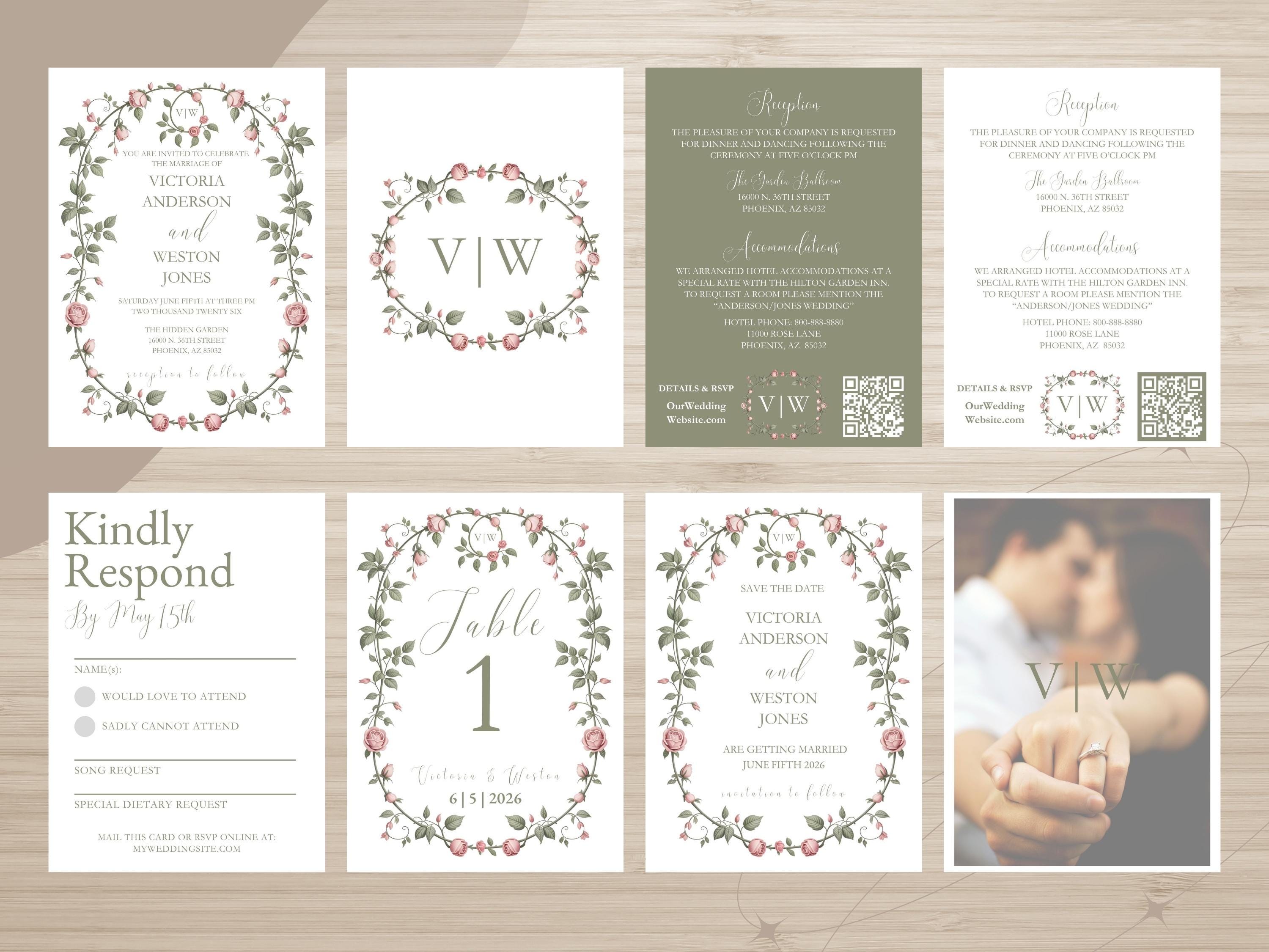 Victorian Garden Wedding Invitation Suite: Sage Green Floral Canva Templates