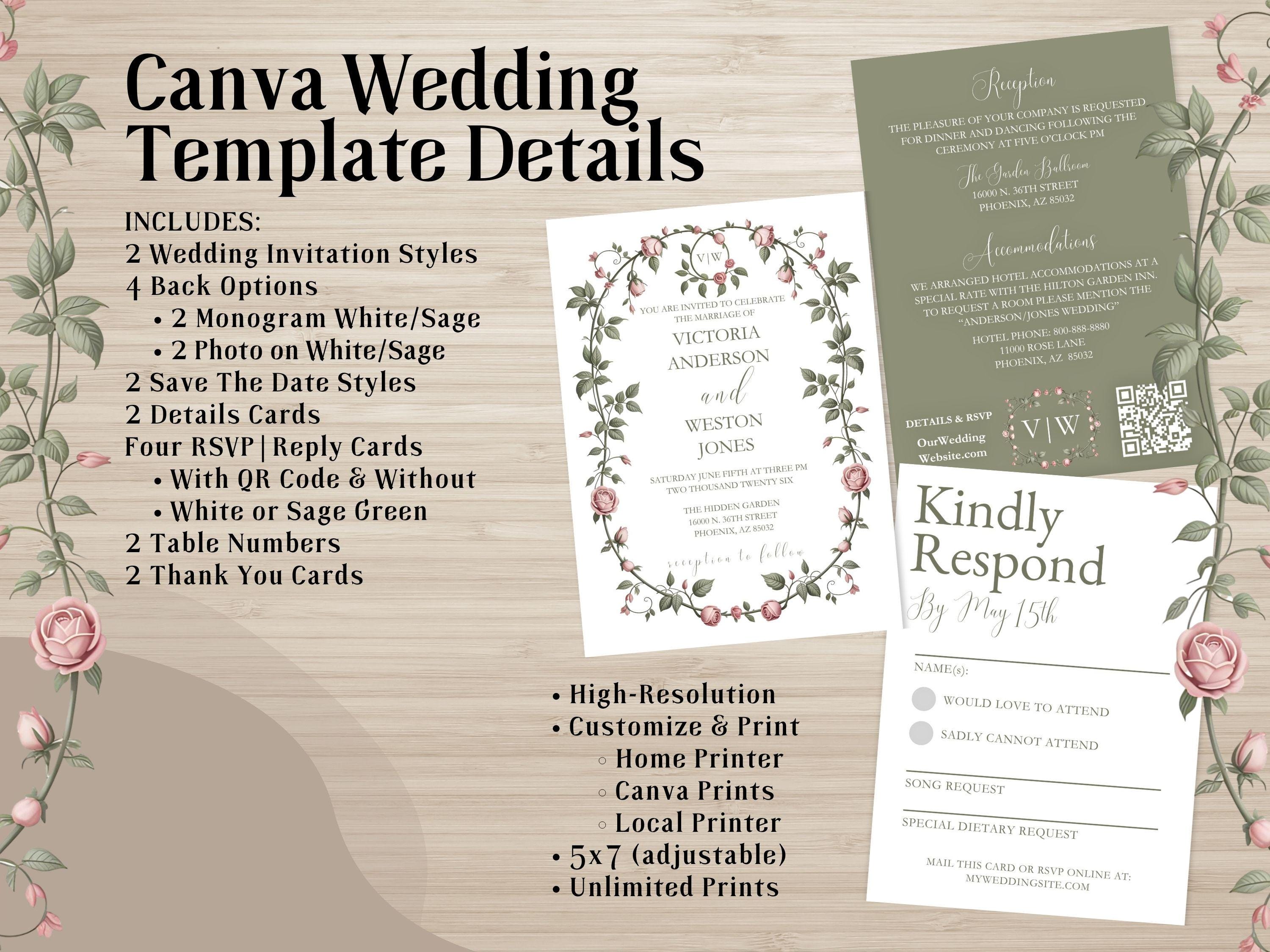 Victorian Garden Wedding Invitation Suite: Sage Green Floral Canva Templates