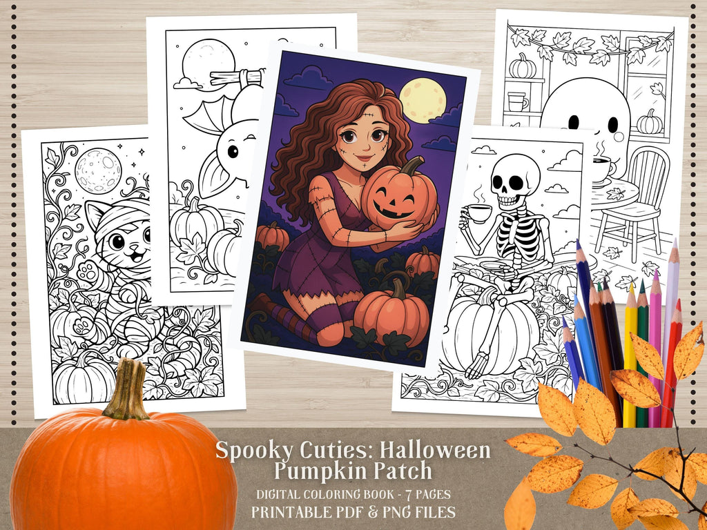 Spooky Cuties Halloween Coloring Pages: Pumpkin Patch (PNG & PDF Instant Download)