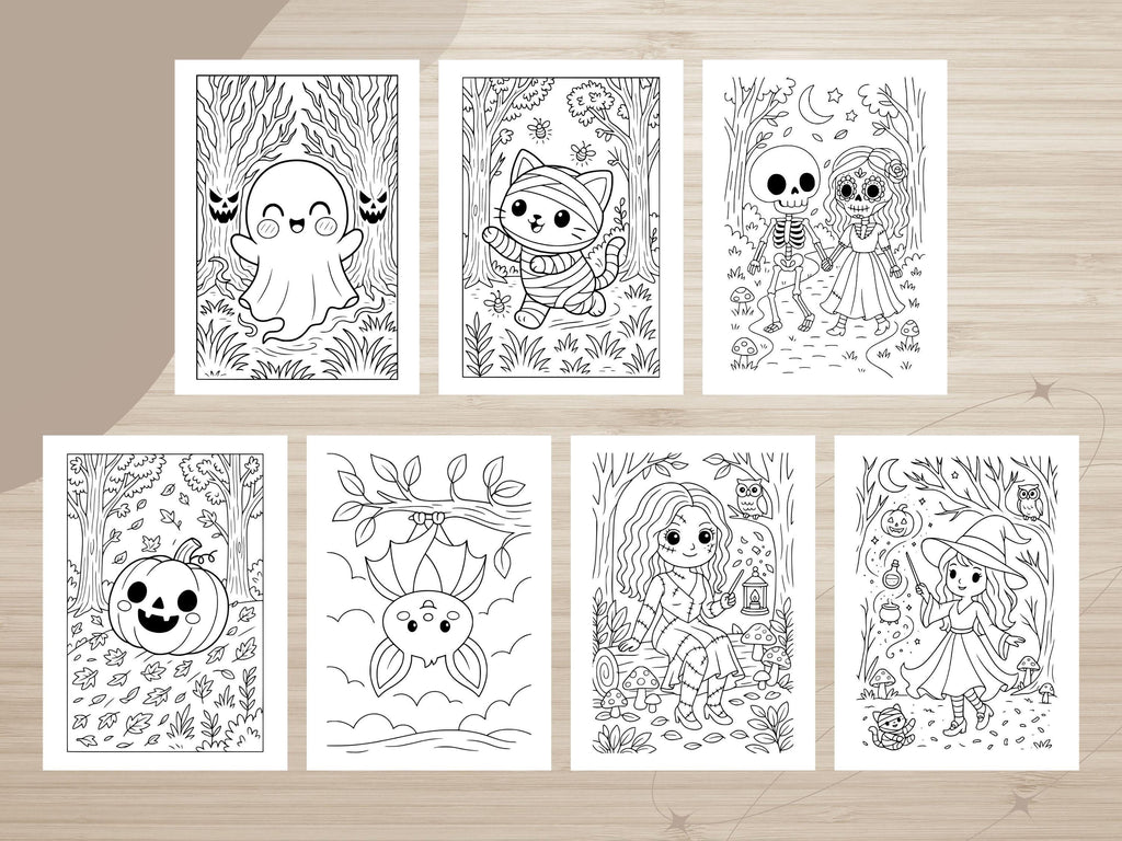Spooky Cuties Halloween Coloring Pages: Enchanted Forest Adventure (PDF & PNG)