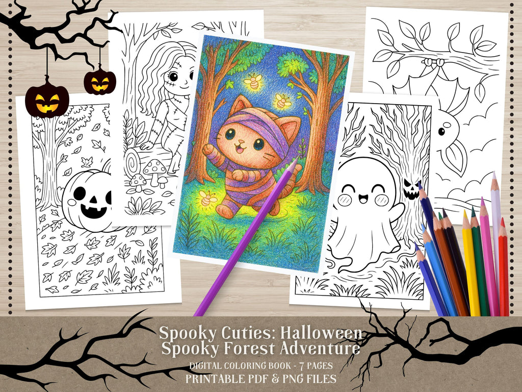 Spooky Cuties Halloween Coloring Pages: Enchanted Forest Adventure (PDF & PNG)