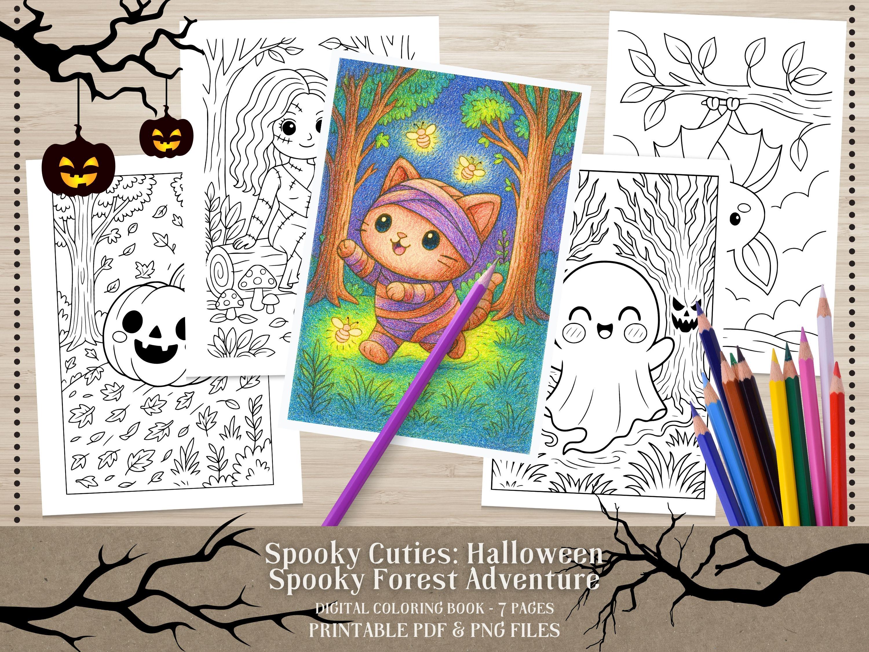 Spooky Cuties Halloween Coloring Pages: Enchanted Forest Adventure (PDF & PNG)