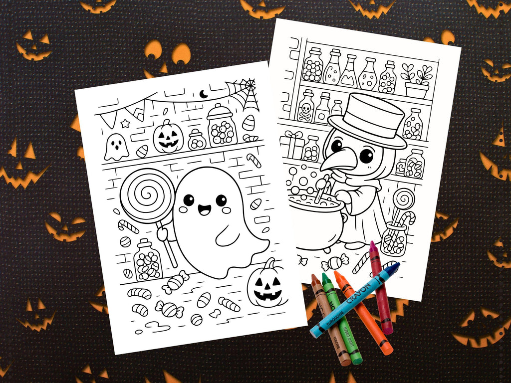 Spooky Cuties Halloween Coloring Pages: Potion and Candy Workshop (PDF & PNG)