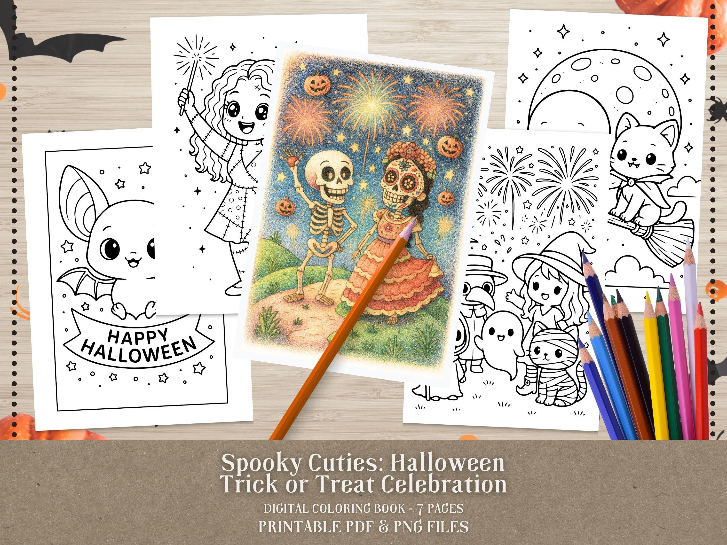 Spooky Cuties Halloween Coloring Pages: Halloween Night Celebration (PDF & PNG)