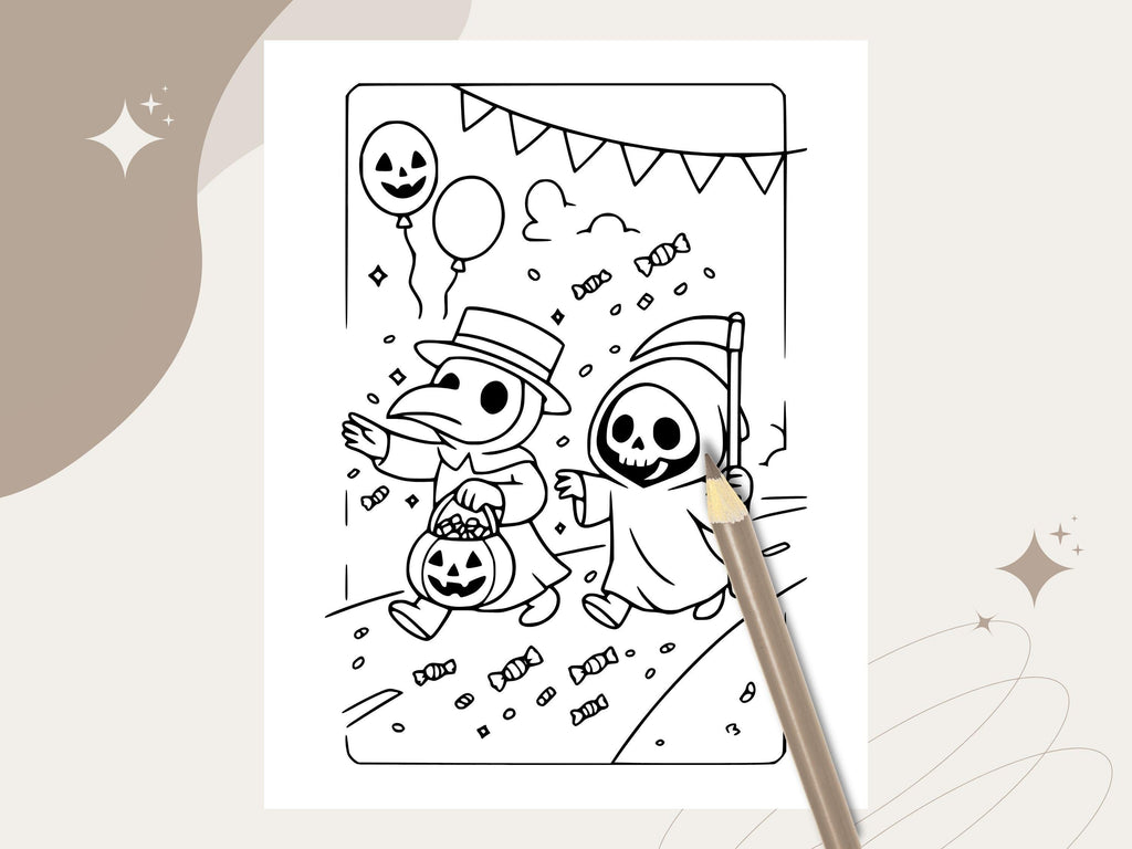 Spooky Cuties Halloween Coloring Pages: Kawaii Trick or Treat Parade (PDF & PNG)