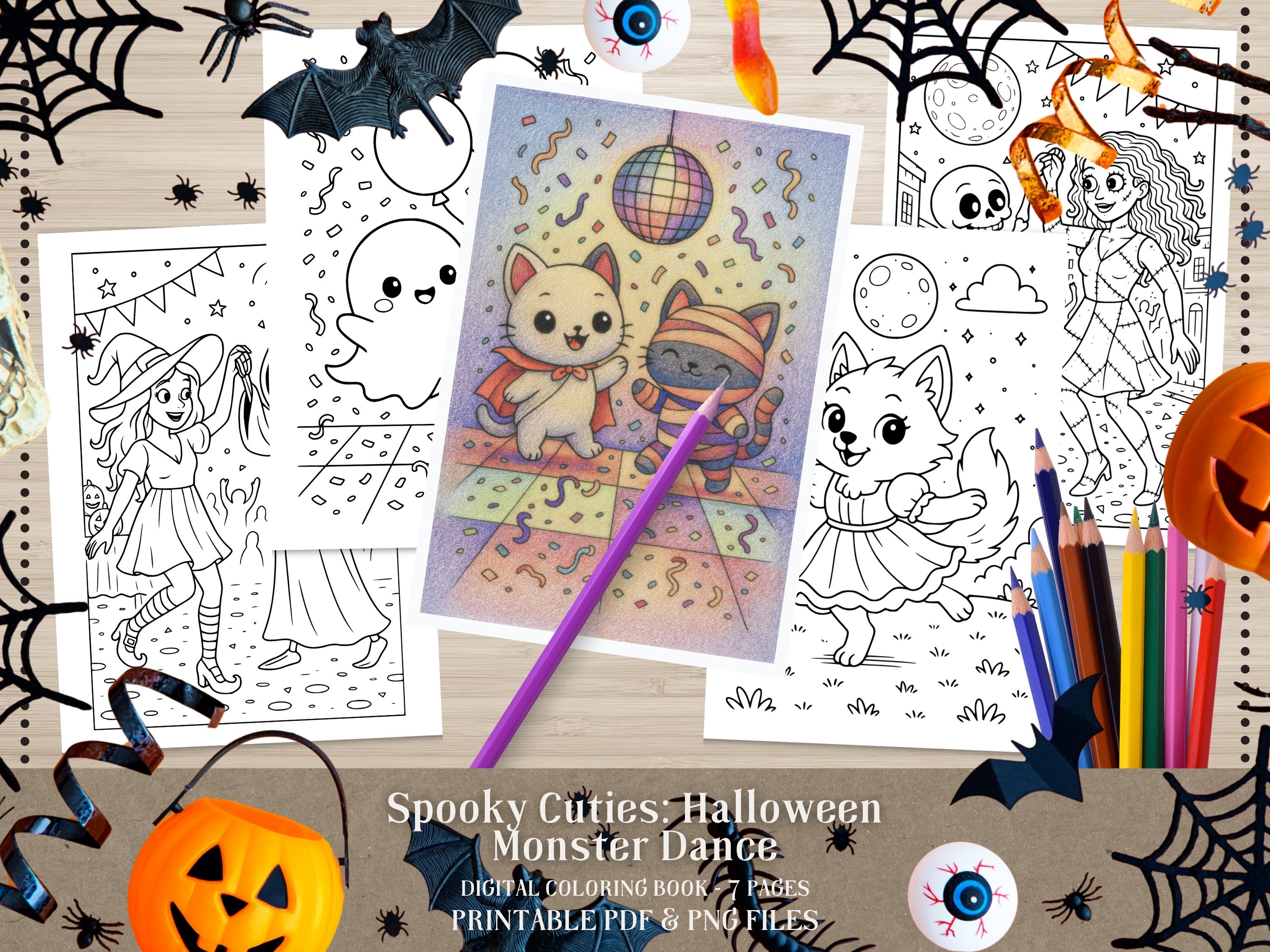 Spooky Cuties Halloween Coloring Pages: Monster's Midnight Dance Coloring Book (PNG & PDF Instant Download)