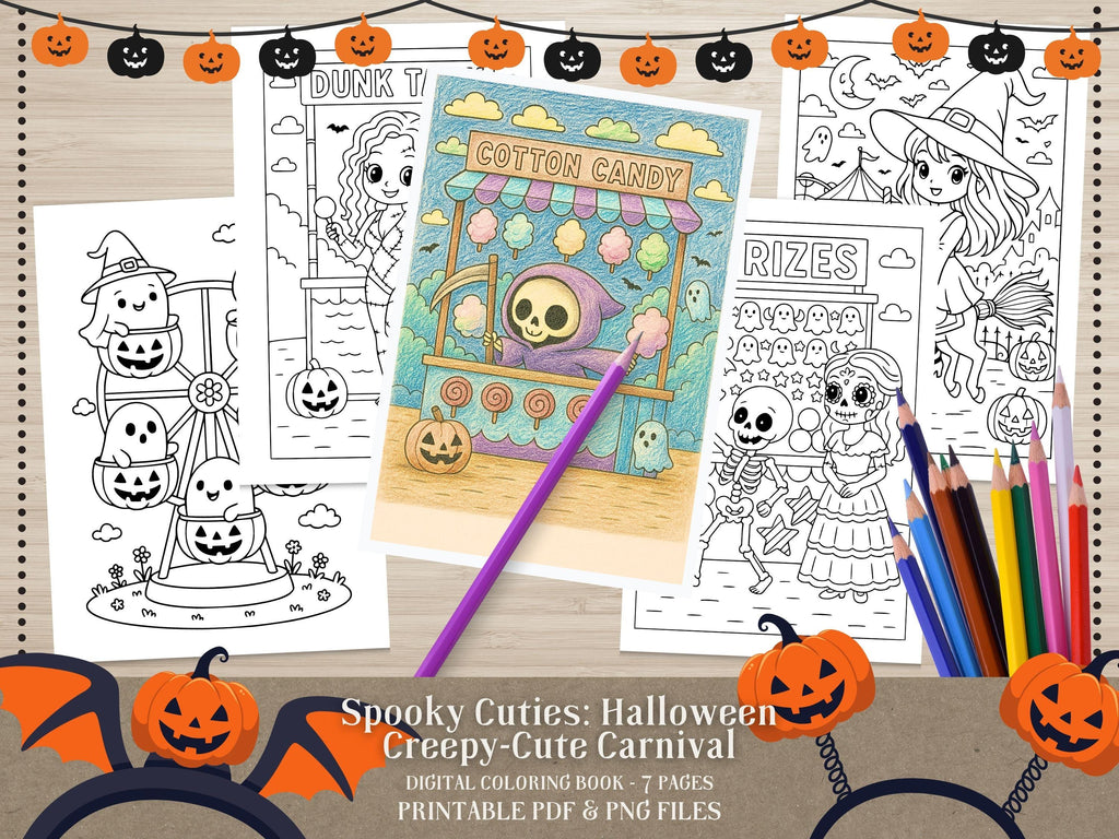 Spooky Cuties Halloween Coloring Pages: Creepy-Cute Carnival (PDF & PNG)