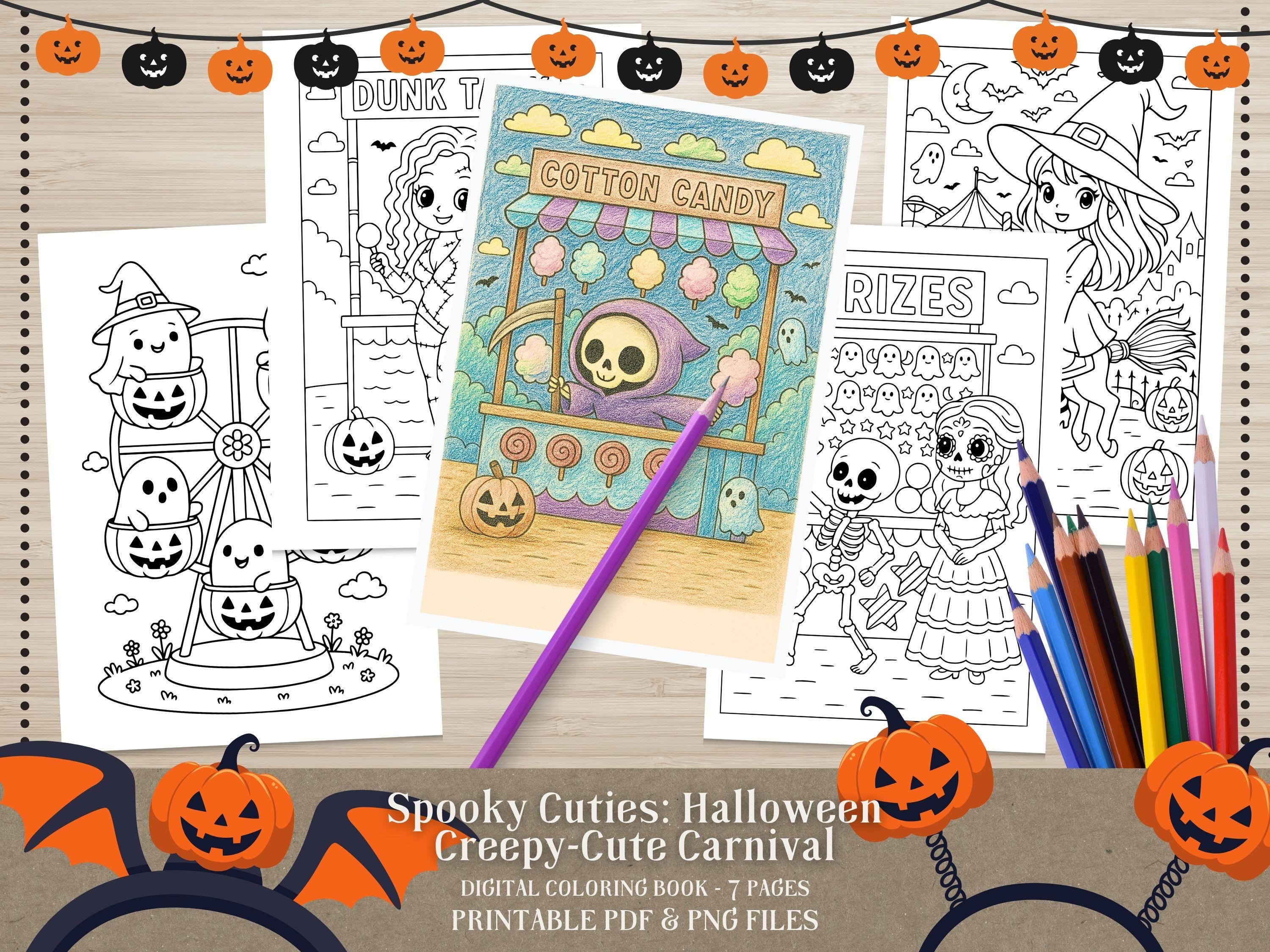 Spooky Cuties Halloween Coloring Pages: Creepy-Cute Carnival (PDF & PNG)