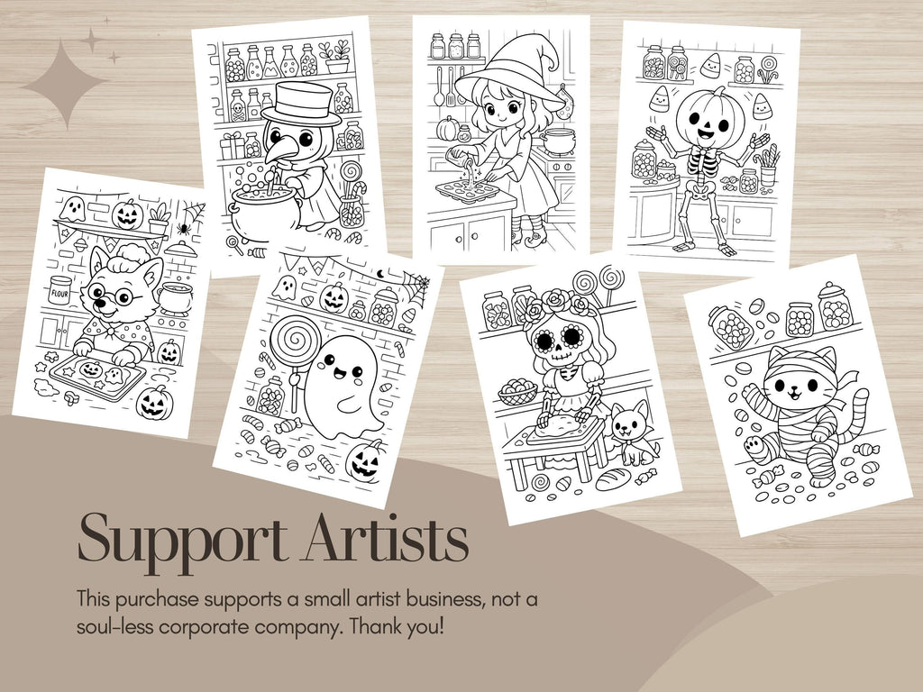 Spooky Cuties Halloween Coloring Pages: Potion and Candy Workshop (PDF & PNG)