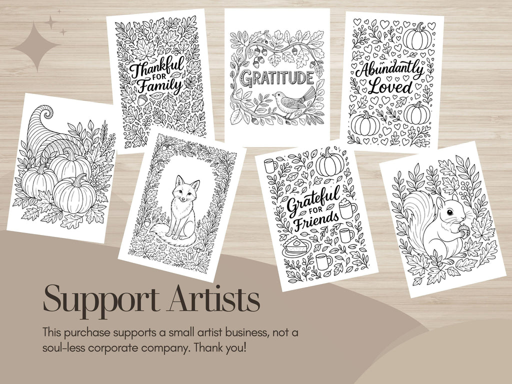 Thanksgiving Coloring Pages: Grateful, Thankful For Family, Pumpkin, Fox (PDF Download)