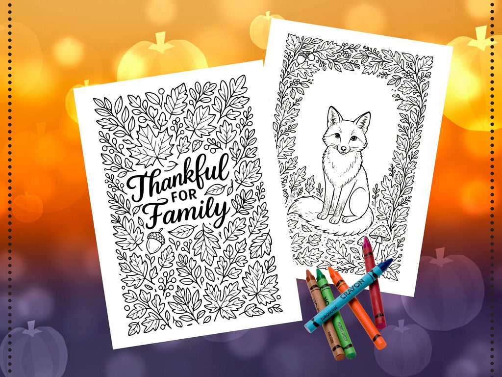 Thanksgiving Coloring Pages: Grateful, Thankful For Family, Pumpkin, Fox (PDF Download)