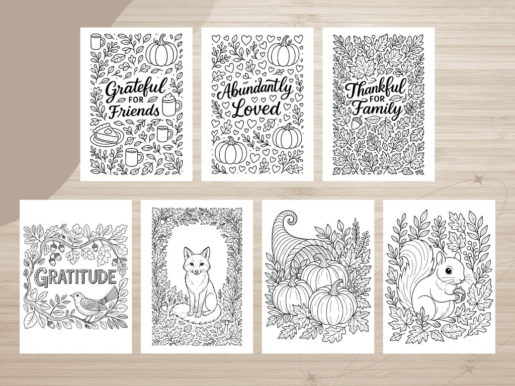 Thanksgiving Coloring Pages: Grateful, Thankful For Family, Pumpkin, Fox (PDF Download)