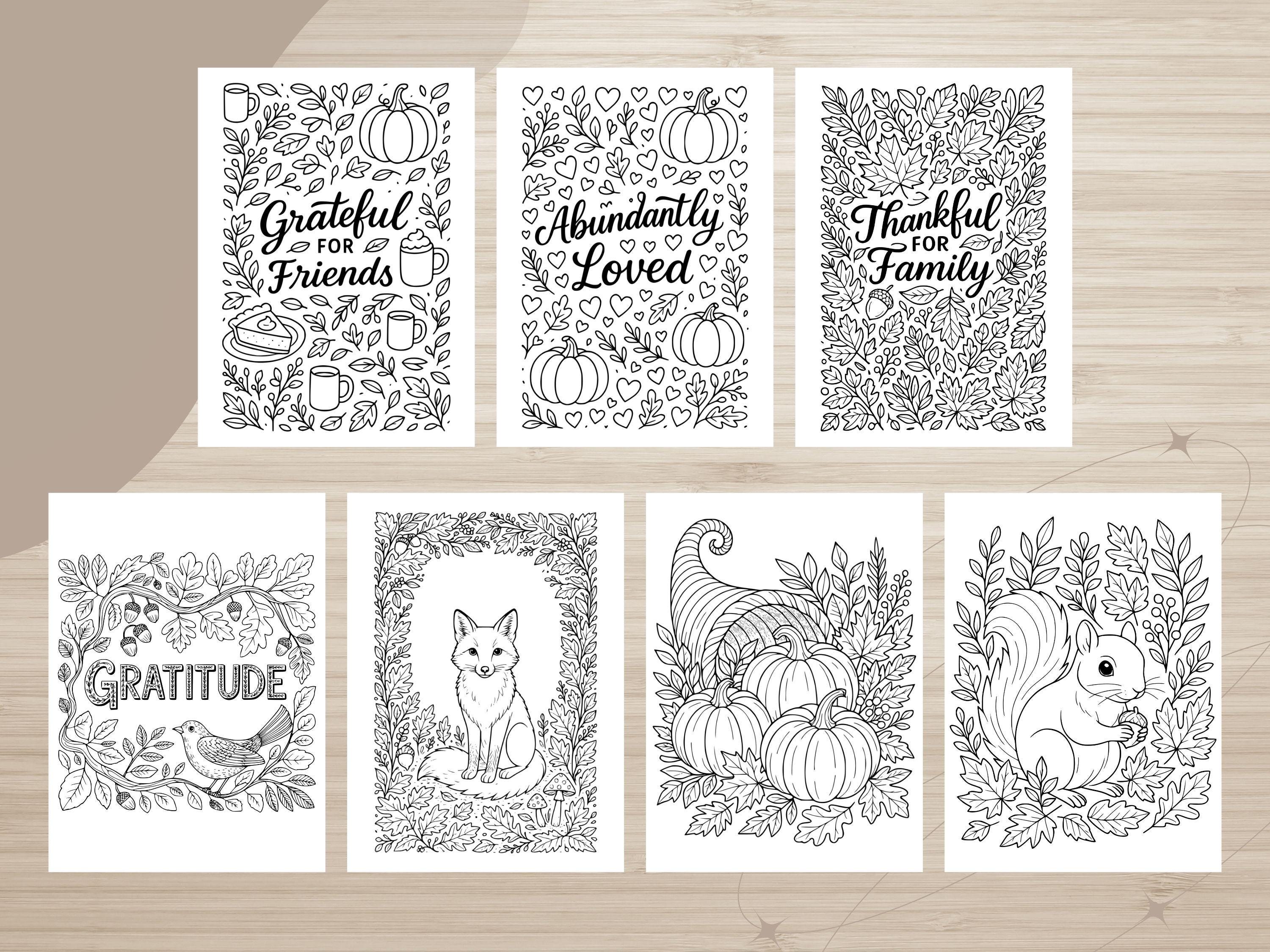 Thanksgiving Coloring Pages: Grateful, Thankful For Family, Pumpkin, Fox (PDF Download)