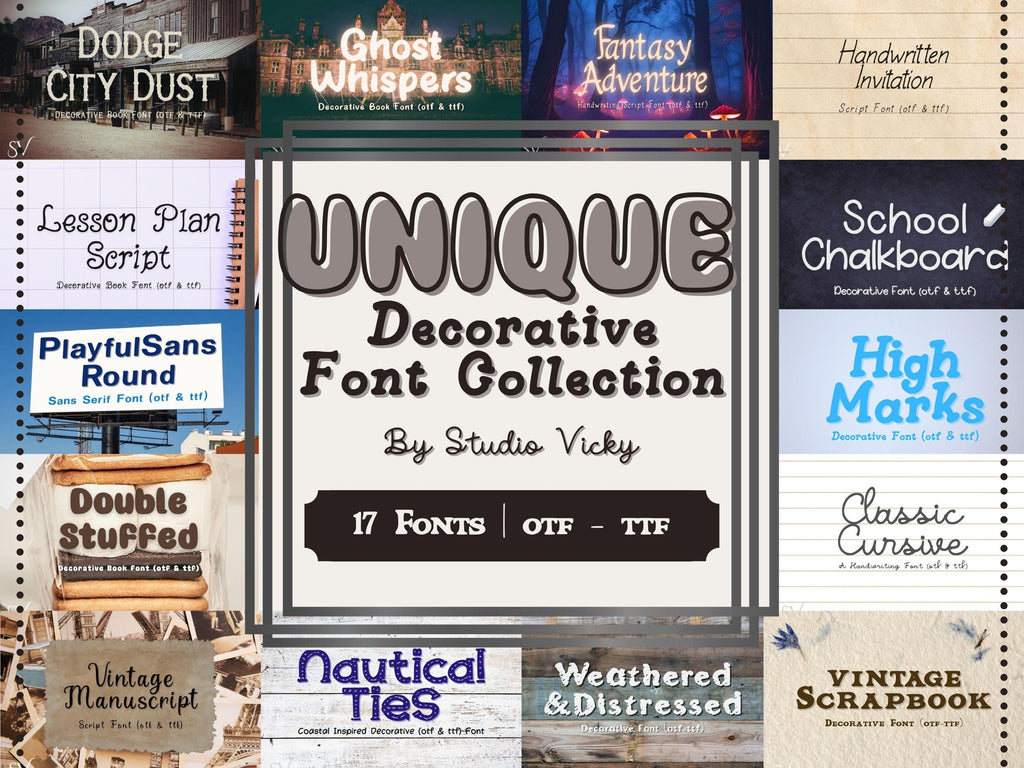 Decorative Fonts Bundle | 17 Hand Drawn Unique Fonts | otf, ttf | Commercial Use Allowed