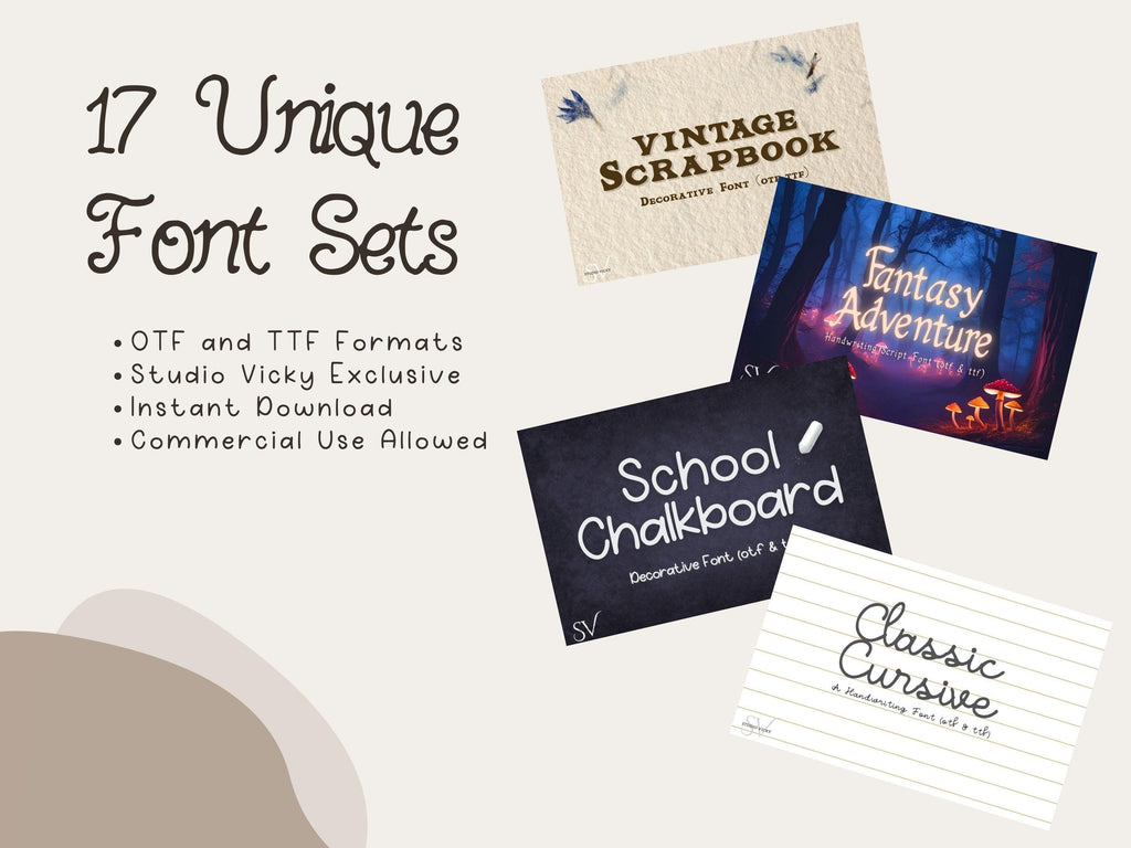 Decorative Fonts Bundle | 17 Hand Drawn Unique Fonts | otf, ttf | Commercial Use Allowed