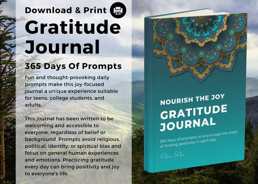 May include: A teal blue book cover with a gold and blue mandala design. The text on the cover reads 'Nourish the Joy Gratitude Journal' and '365 days of prompts to encourage the habit of finding positivity in each day.' The author's name is 'Vatan Grater'.