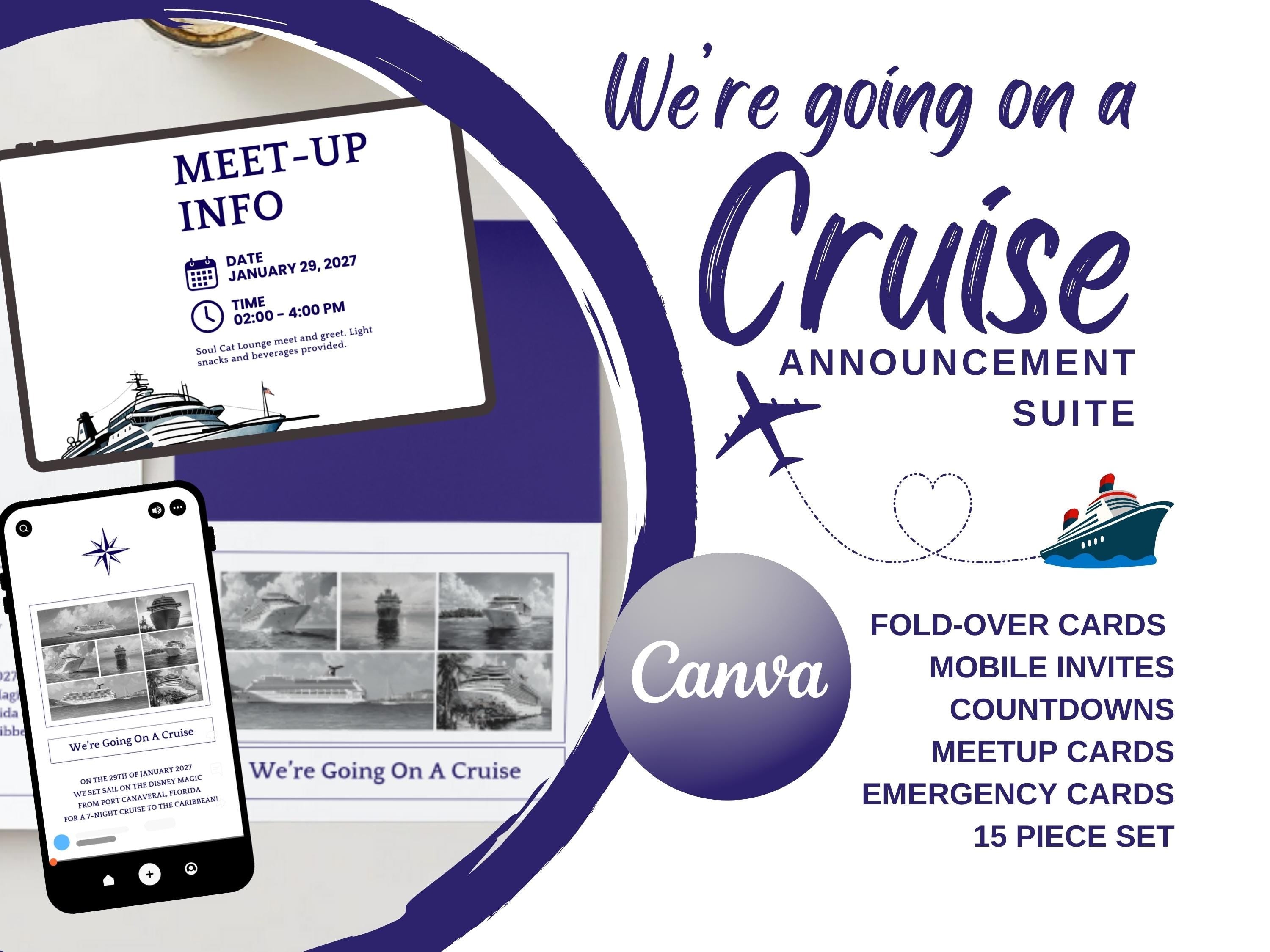 Family Cruise Announcement Canva Templates | Fold-Over Card + Mobile Invite | Countdown + Meetup + Emergency | Editable PNG