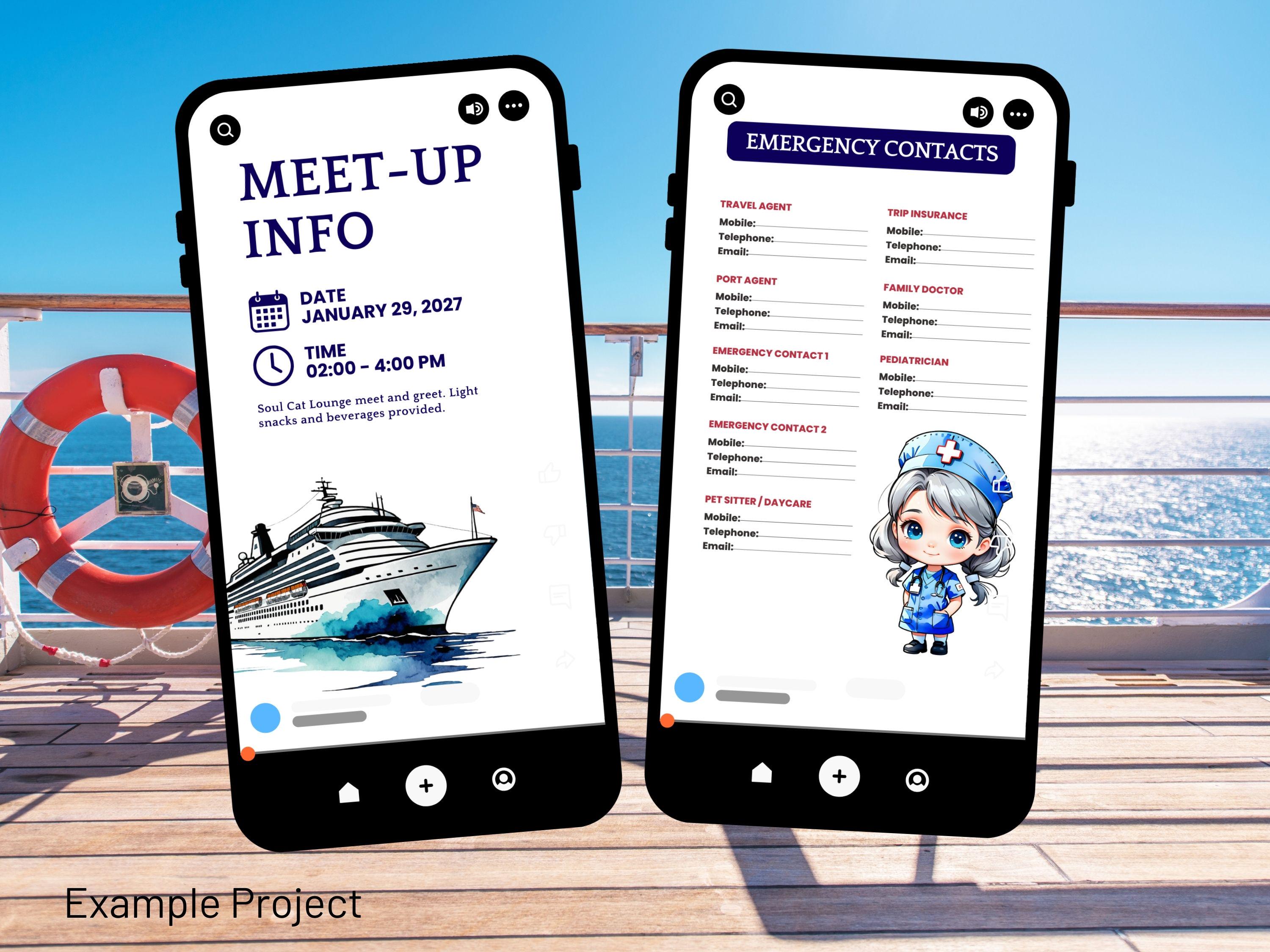 Family Cruise Announcement Canva Templates | Fold-Over Card + Mobile Invite | Countdown + Meetup + Emergency | Editable PNG