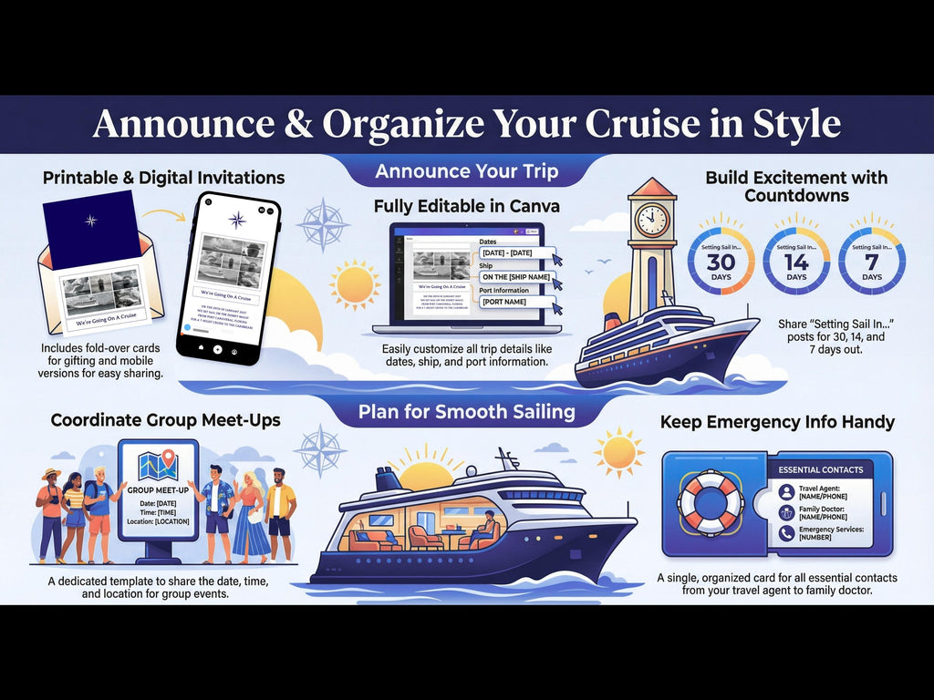 Family Cruise Announcement Canva Templates | Fold-Over Card + Mobile Invite | Countdown + Meetup + Emergency | Editable PNG