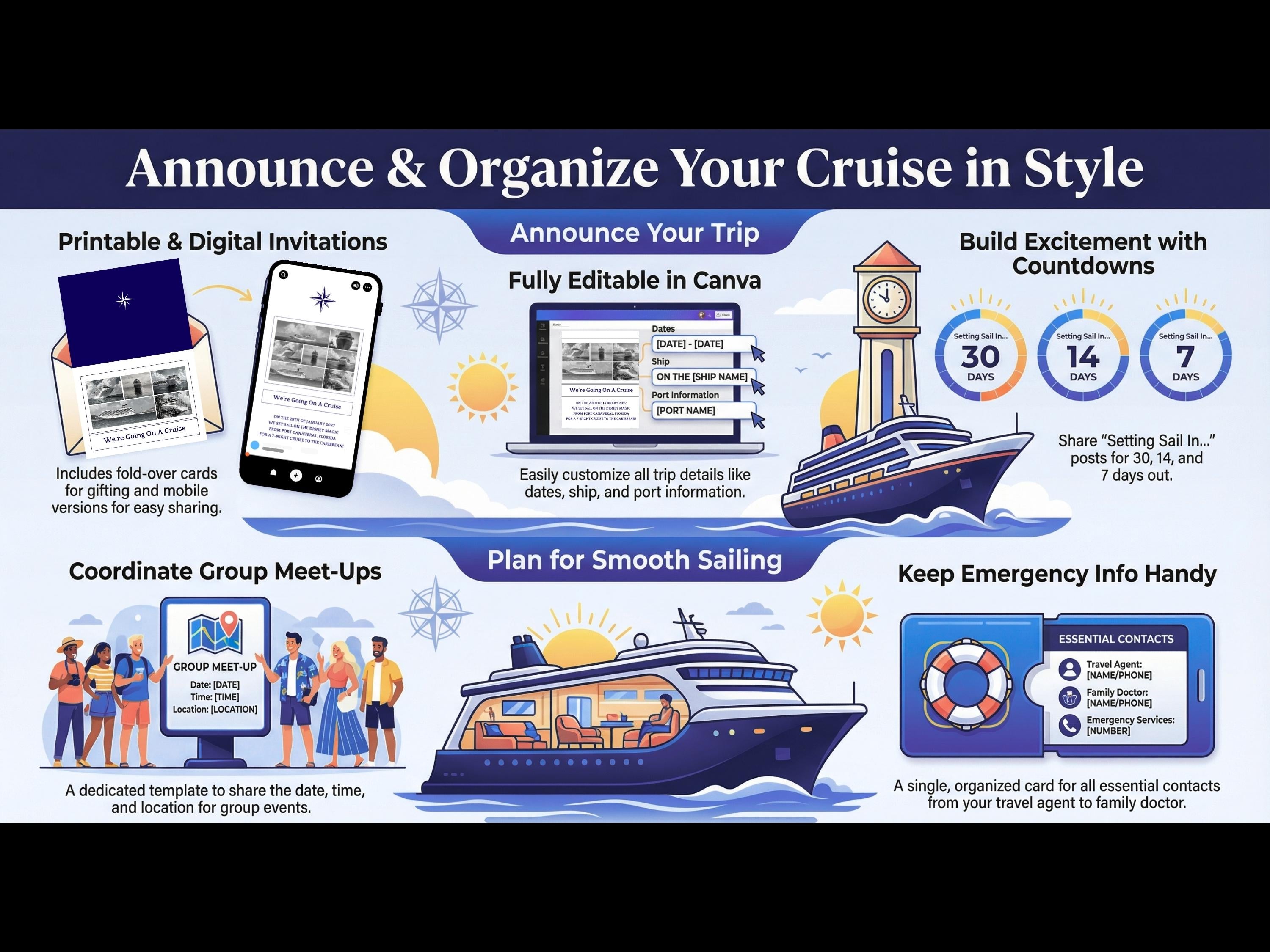 Family Cruise Announcement Canva Templates | Fold-Over Card + Mobile Invite | Countdown + Meetup + Emergency | Editable PNG