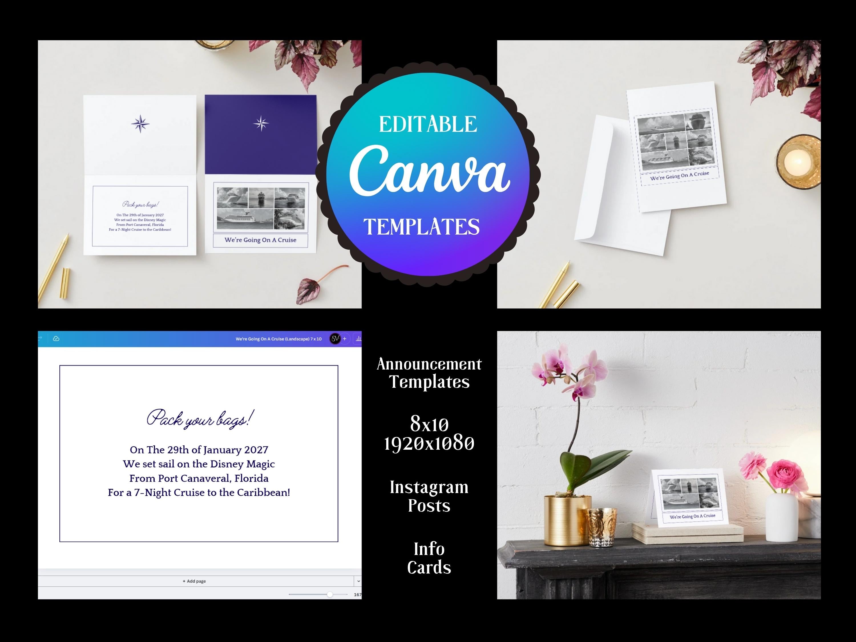 Family Cruise Announcement Canva Templates | Fold-Over Card + Mobile Invite | Countdown + Meetup + Emergency | Editable PNG