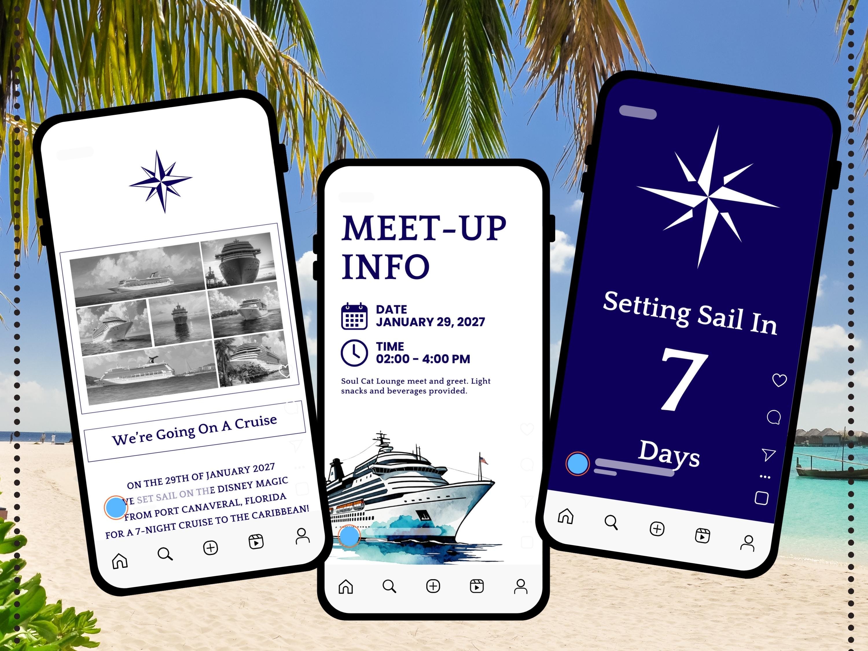 Family Cruise Announcement Canva Templates | Fold-Over Card + Mobile Invite | Countdown + Meetup + Emergency | Editable PNG