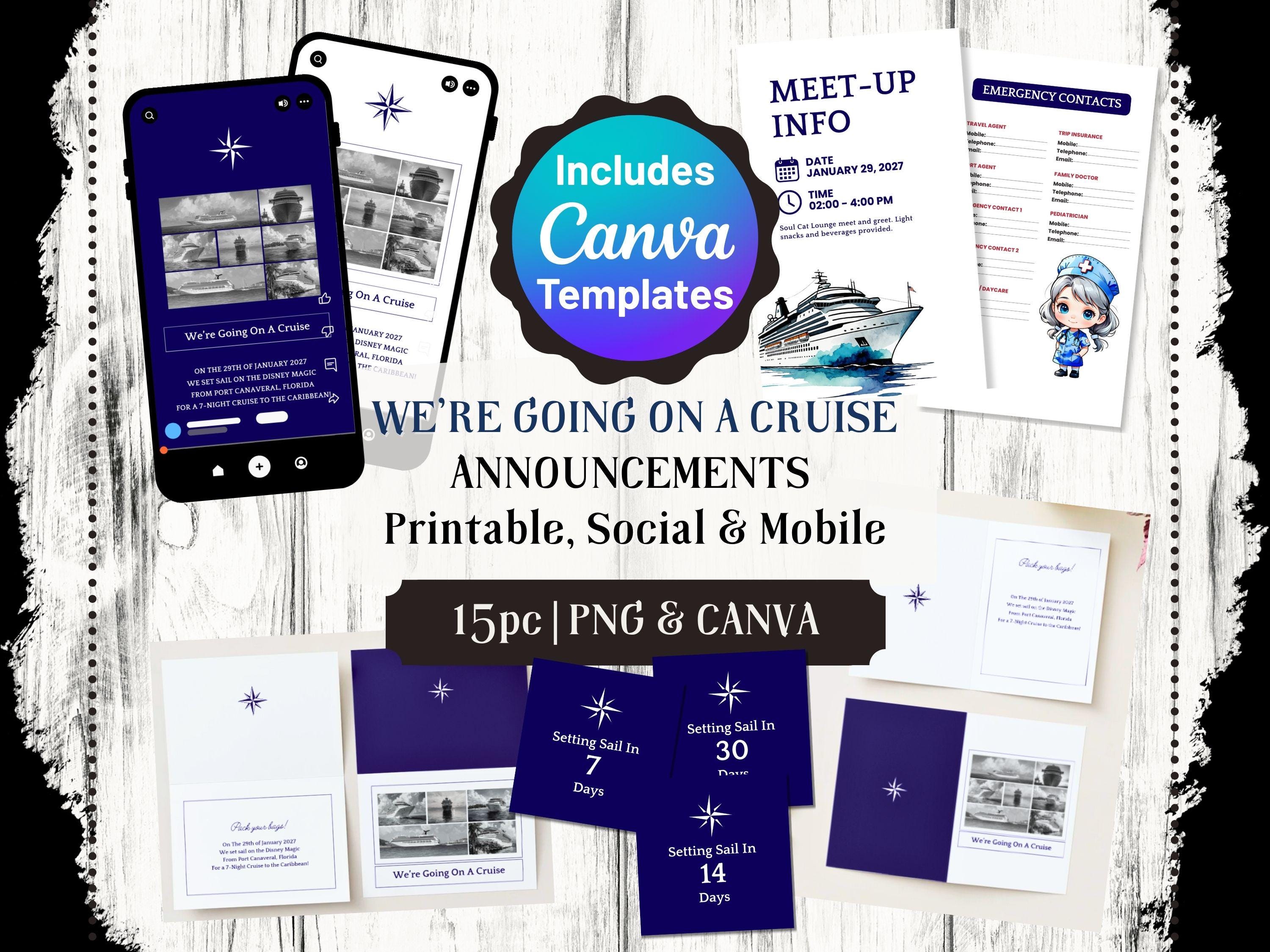 Family Cruise Announcement Canva Templates | Fold-Over Card + Mobile Invite | Countdown + Meetup + Emergency | Editable PNG