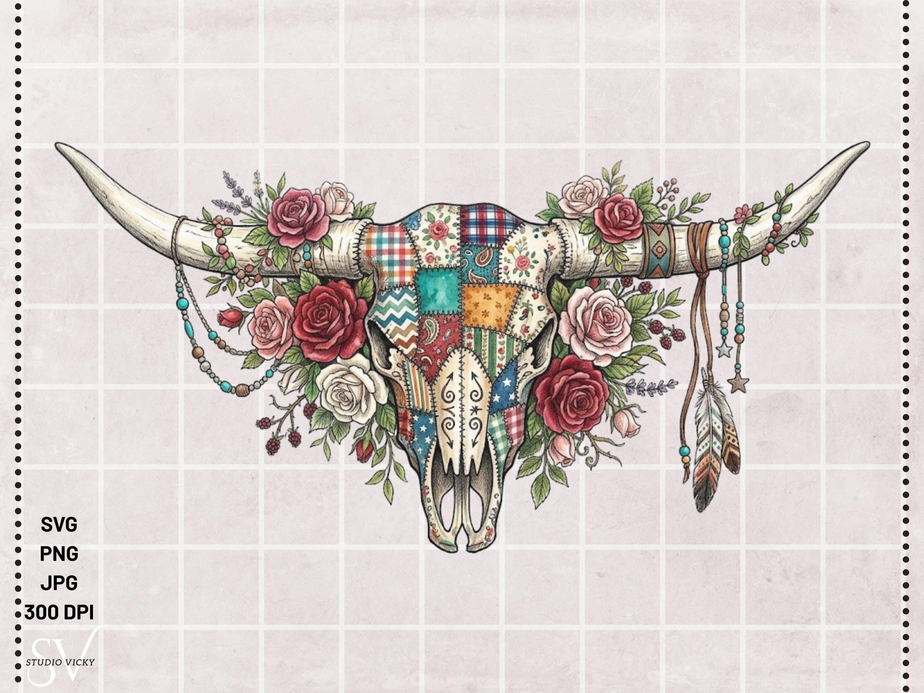 Cow Skull Patchwork SVG Bundle | Boho Longhorn Clipart, Western Quilt Design (Digital Download)