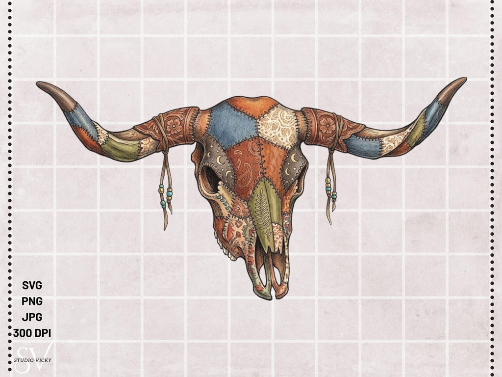 Cow Skull Patchwork SVG Bundle | Boho Longhorn Clipart, Western Quilt Design (Digital Download)