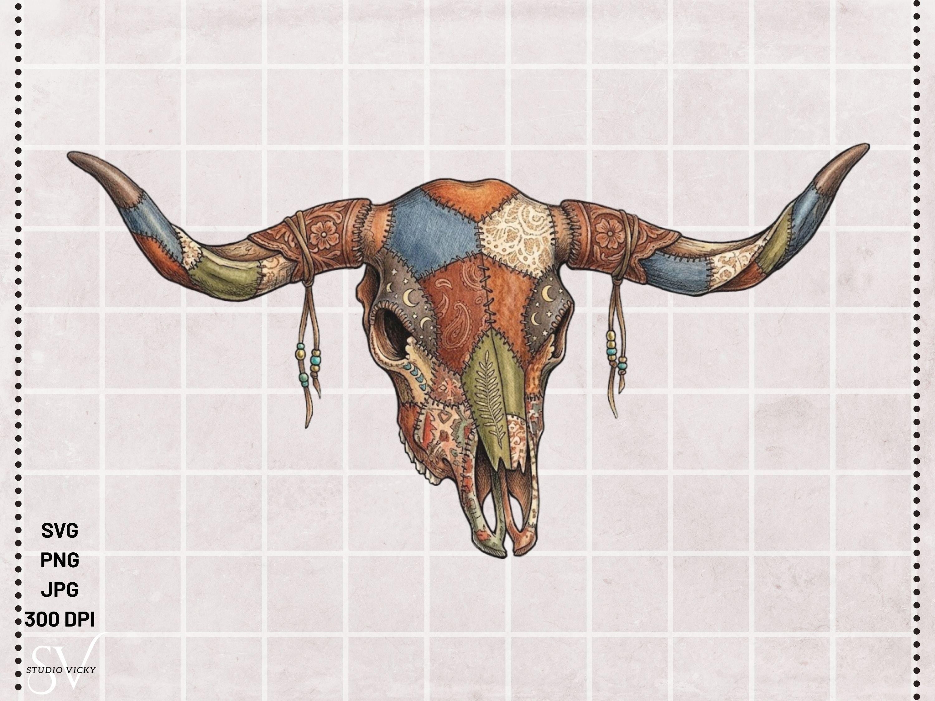 Cow Skull Patchwork SVG Bundle | Boho Longhorn Clipart, Western Quilt Design (Digital Download)