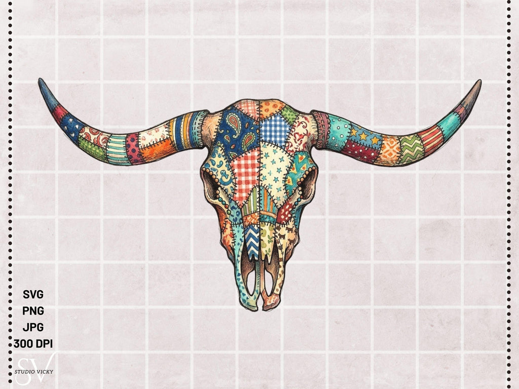 Cow Skull Patchwork SVG Bundle | Boho Longhorn Clipart, Western Quilt Design (Digital Download)