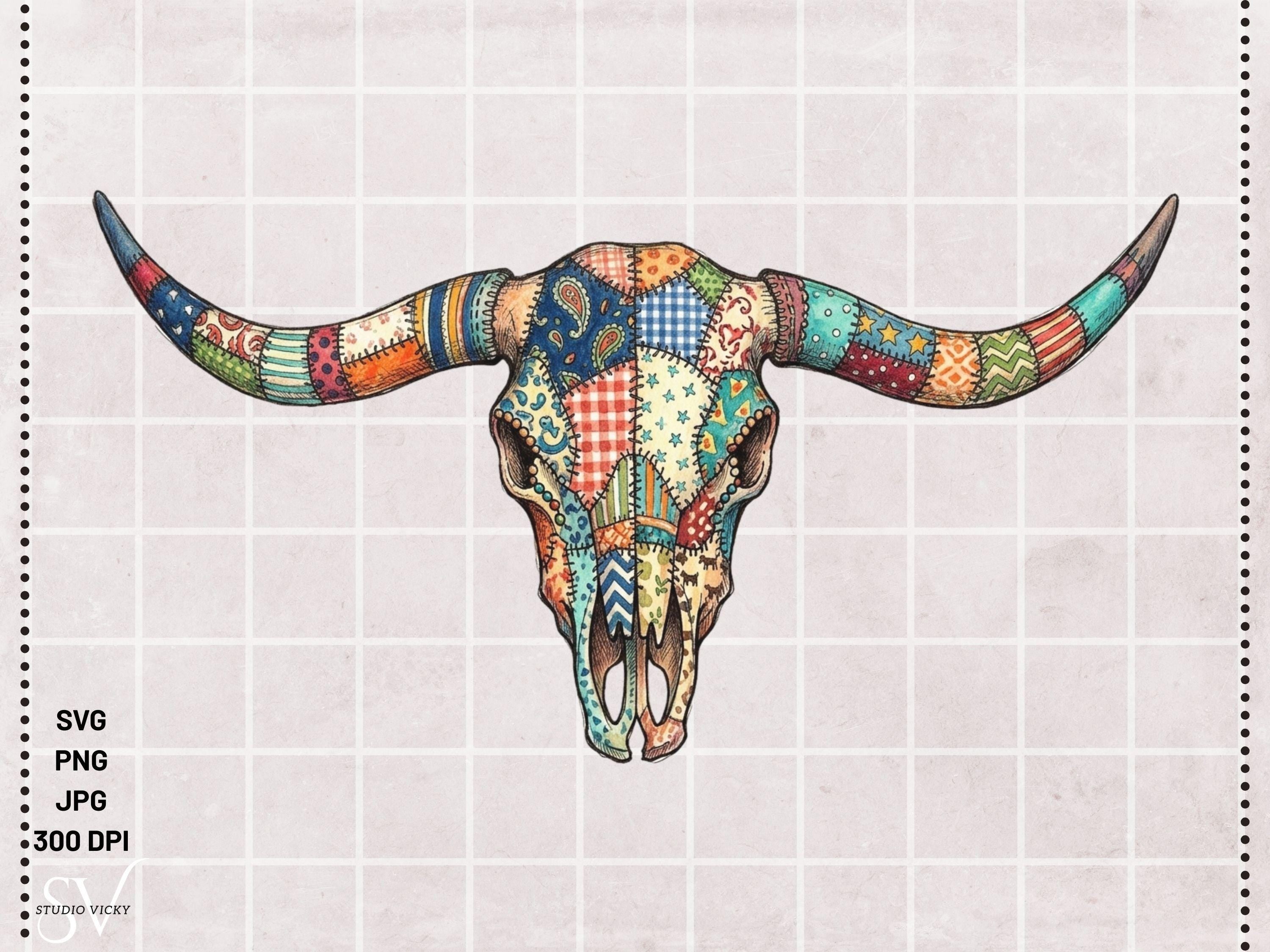 Cow Skull Patchwork SVG Bundle | Boho Longhorn Clipart, Western Quilt Design (Digital Download)