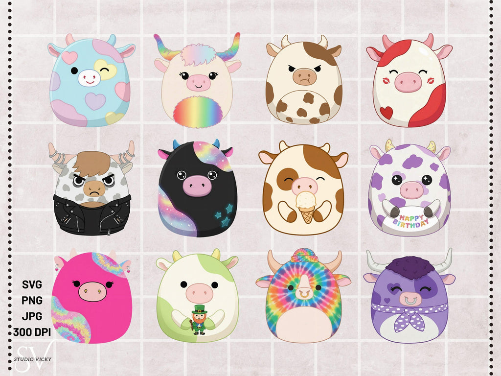 Cow Squish Animals Clipart Bundle, Bull PNG SVG, Birthday Party Decor