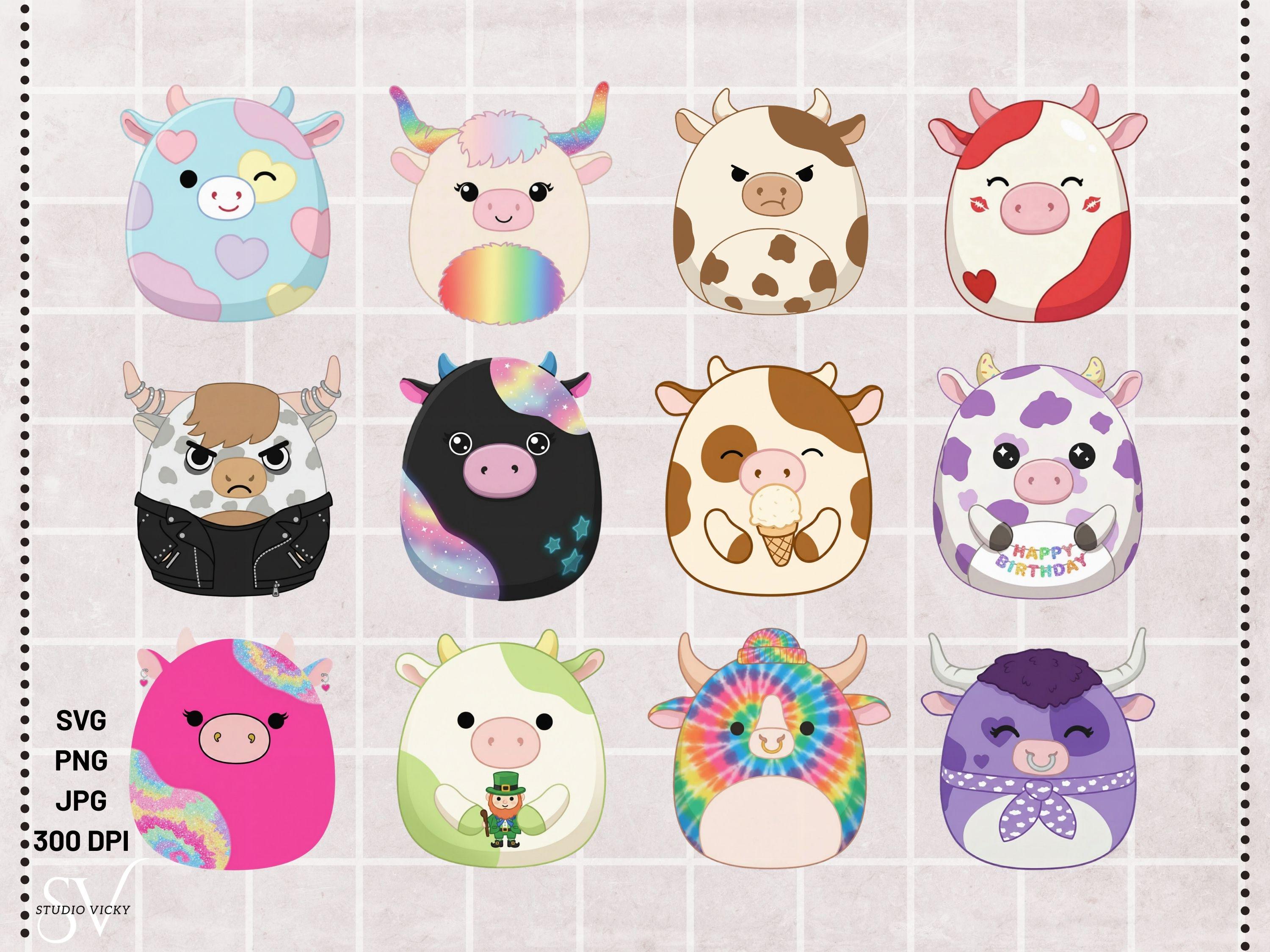 Cow Squish Animals Clipart Bundle, Bull PNG SVG, Birthday Party Decor