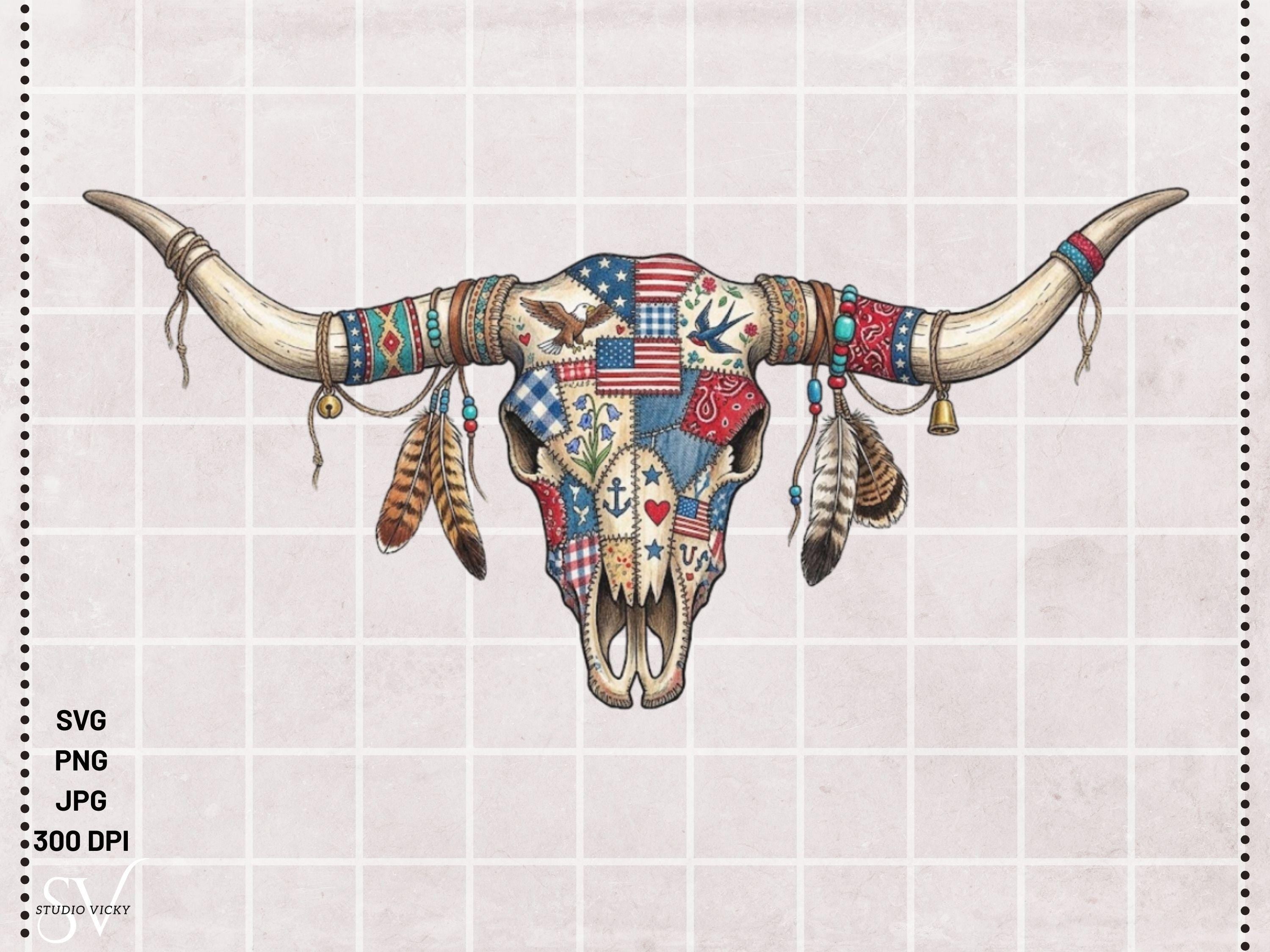 Cow Skull Patchwork SVG Bundle | Boho Longhorn Clipart, Western Quilt Design (Digital Download)