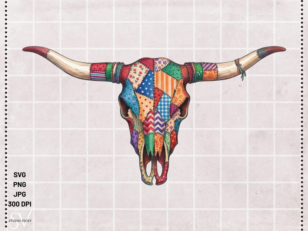 Cow Skull Patchwork SVG Bundle | Boho Longhorn Clipart, Western Quilt Design (Digital Download)