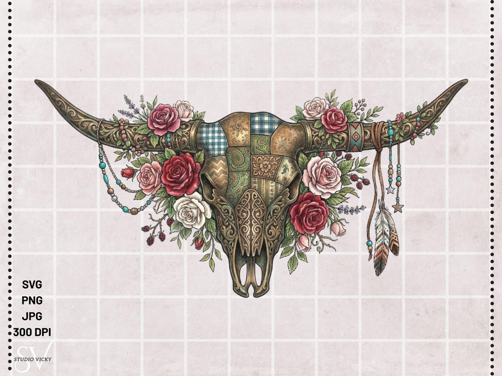 Cow Skull Patchwork SVG Bundle | Boho Longhorn Clipart, Western Quilt Design (Digital Download)