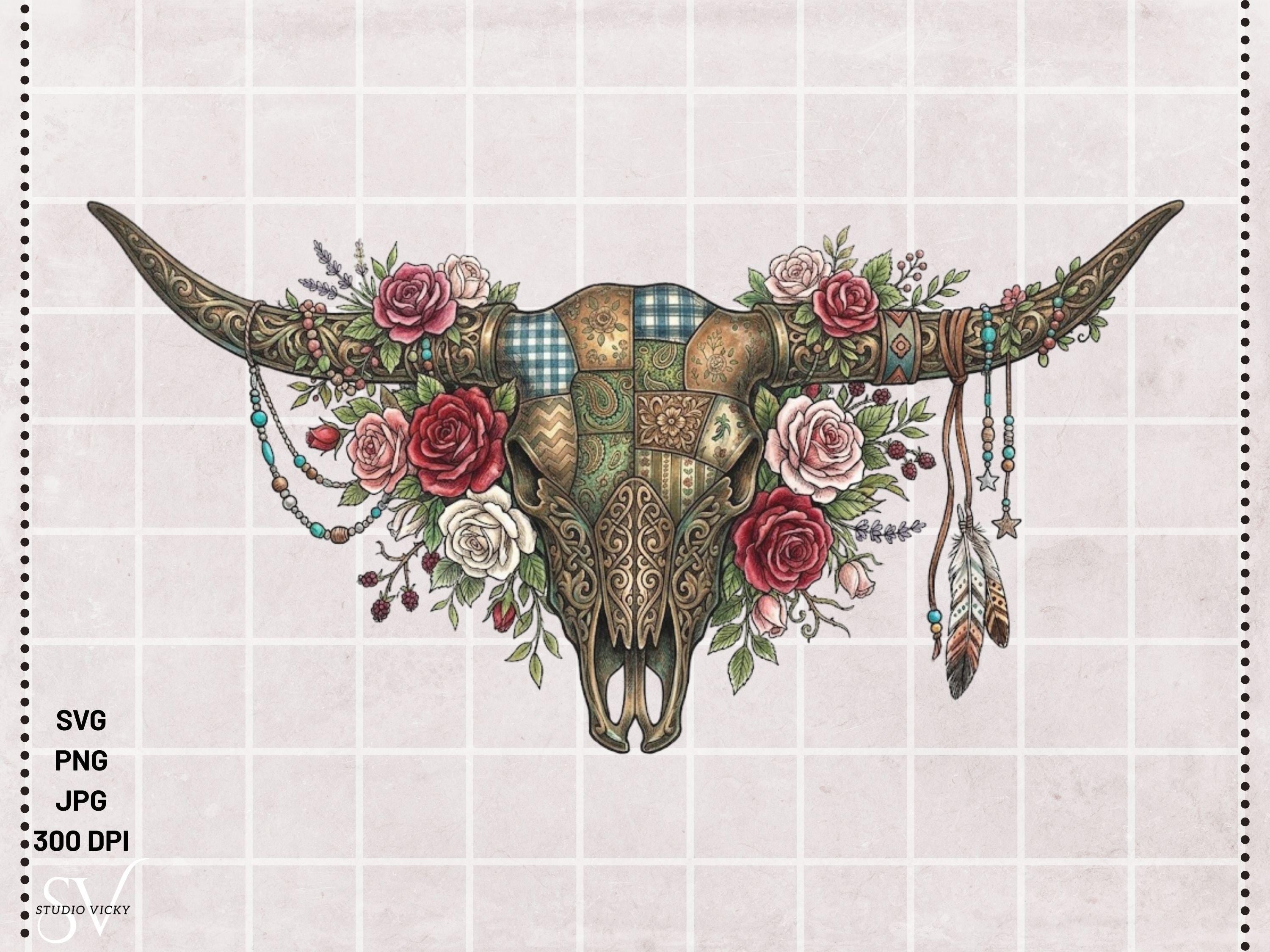 Cow Skull Patchwork SVG Bundle | Boho Longhorn Clipart, Western Quilt Design (Digital Download)