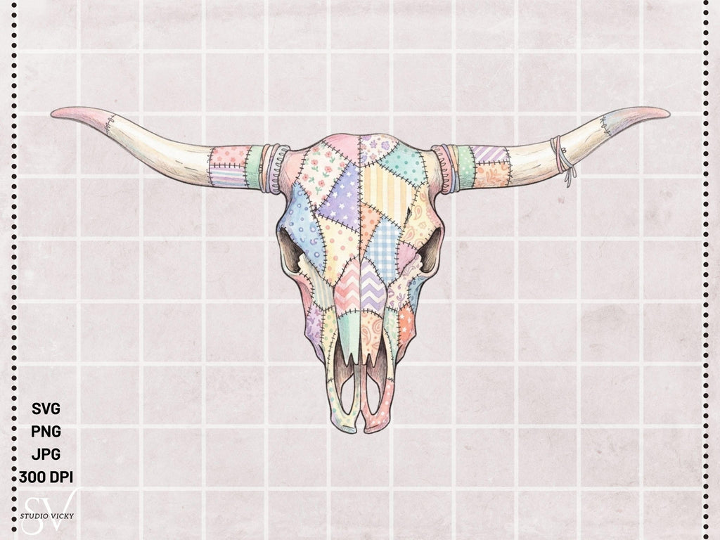 Cow Skull Patchwork SVG Bundle | Boho Longhorn Clipart, Western Quilt Design (Digital Download)
