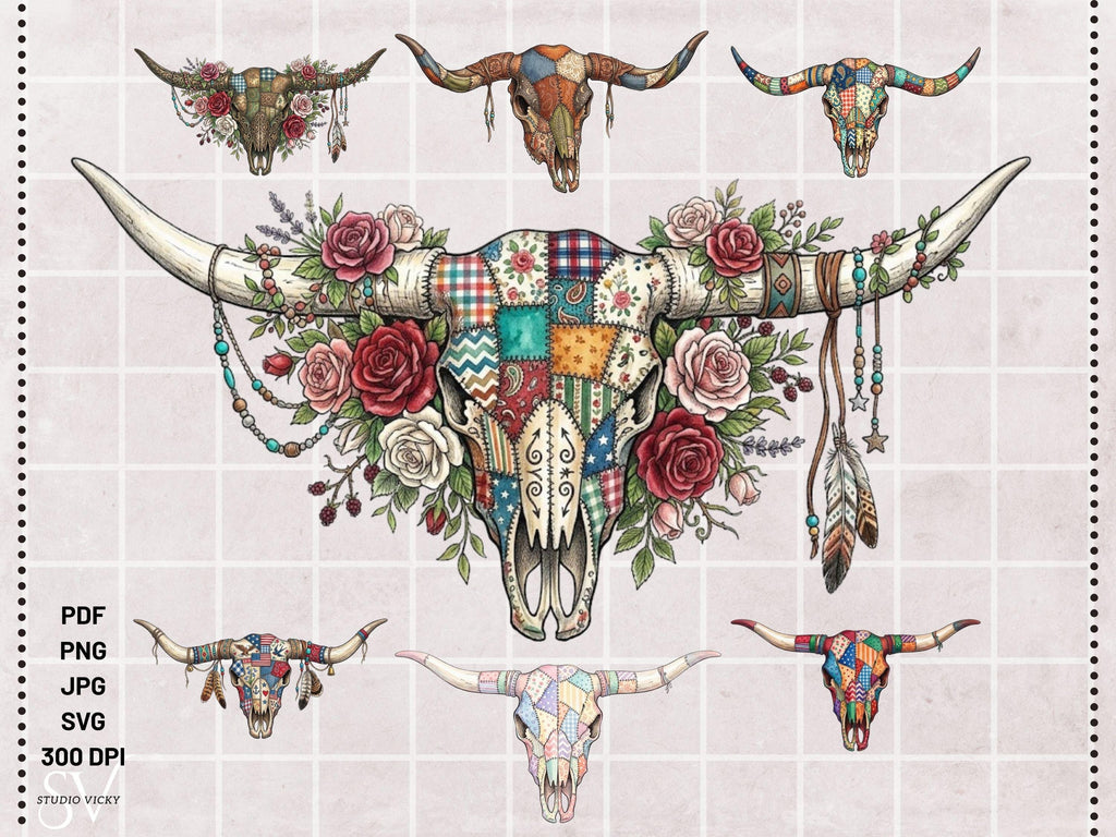 Cow Skull Patchwork SVG Bundle | Boho Longhorn Clipart, Western Quilt Design (Digital Download)