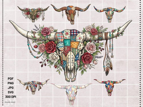 Cow Skull Patchwork SVG Bundle | Boho Longhorn Clipart, Western Quilt Design (Digital Download)