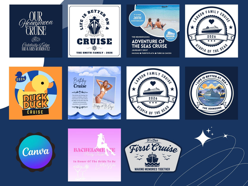 May include: A collection of cruise-themed designs, including logos and graphics. The designs feature text such as "Honeymoon Cruise," "Adventure of the Seas Cruise," and "Duck Duck Cruise." The color palette includes blue, orange, and white.