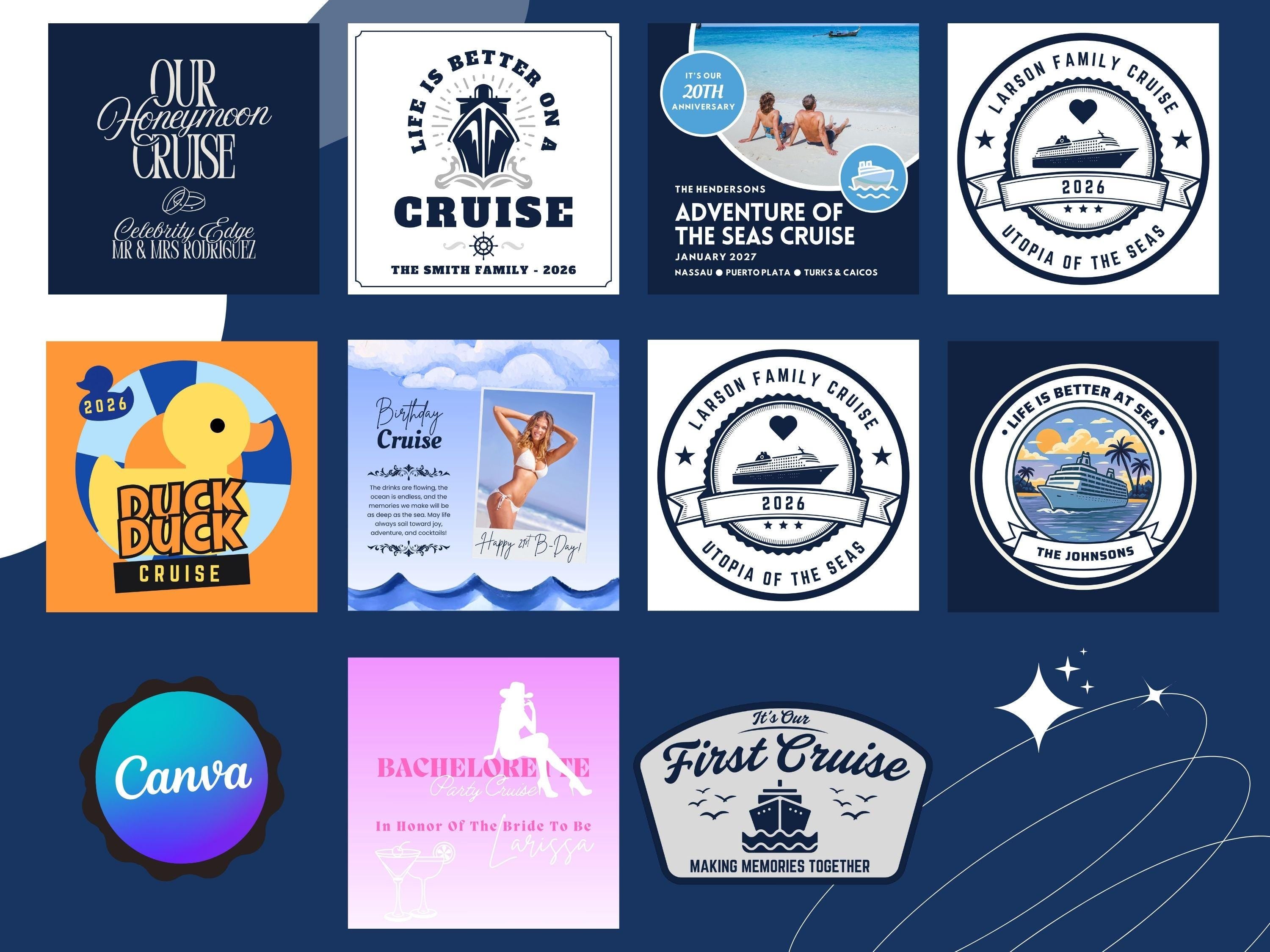 May include: A collection of cruise-themed designs, including logos and graphics. The designs feature text such as "Honeymoon Cruise," "Adventure of the Seas Cruise," and "Duck Duck Cruise." The color palette includes blue, orange, and white.