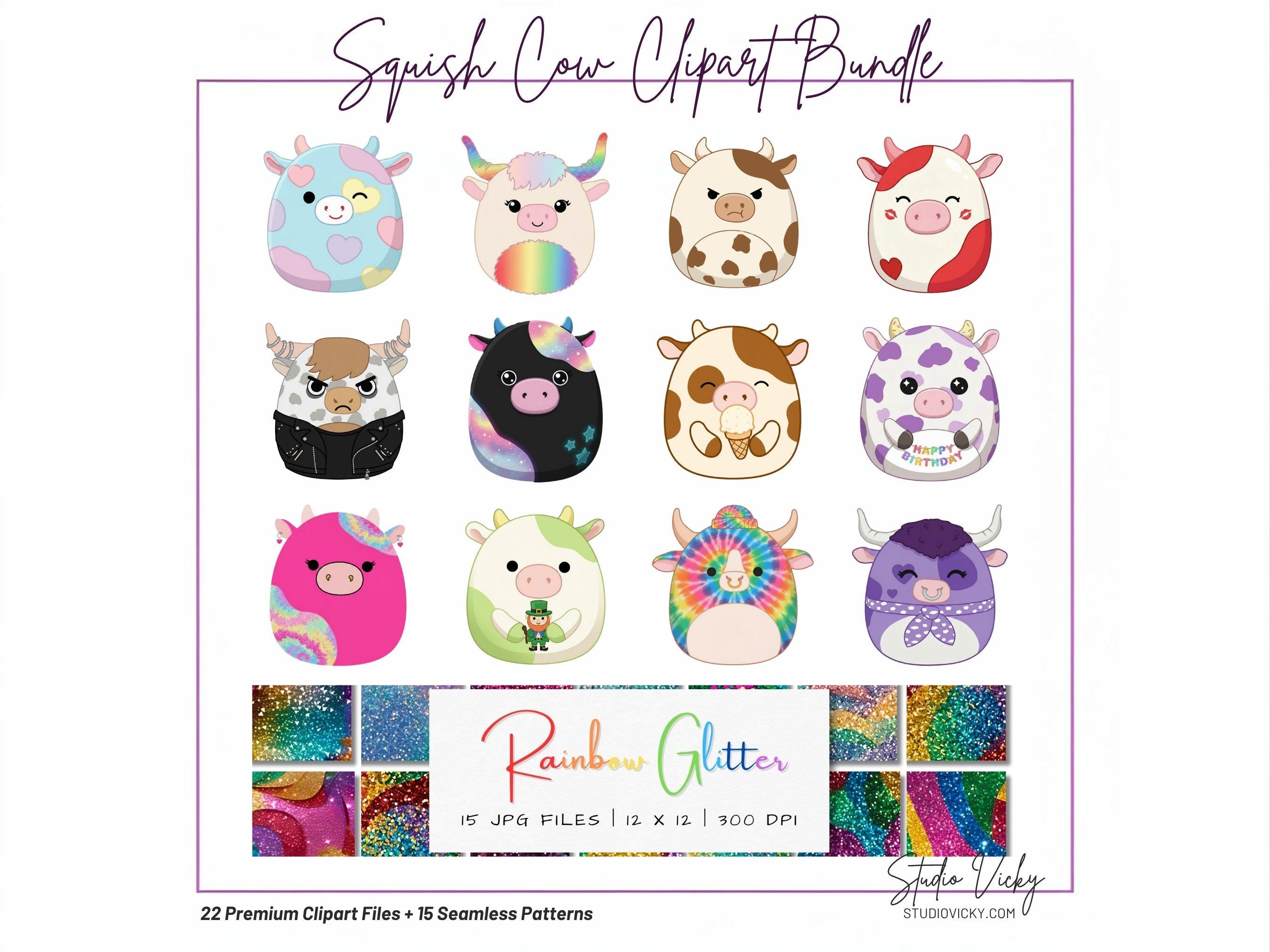 Squishy Cow Clipart Bundle | 22 PNG SVG Files + 15 Glitter Patterns