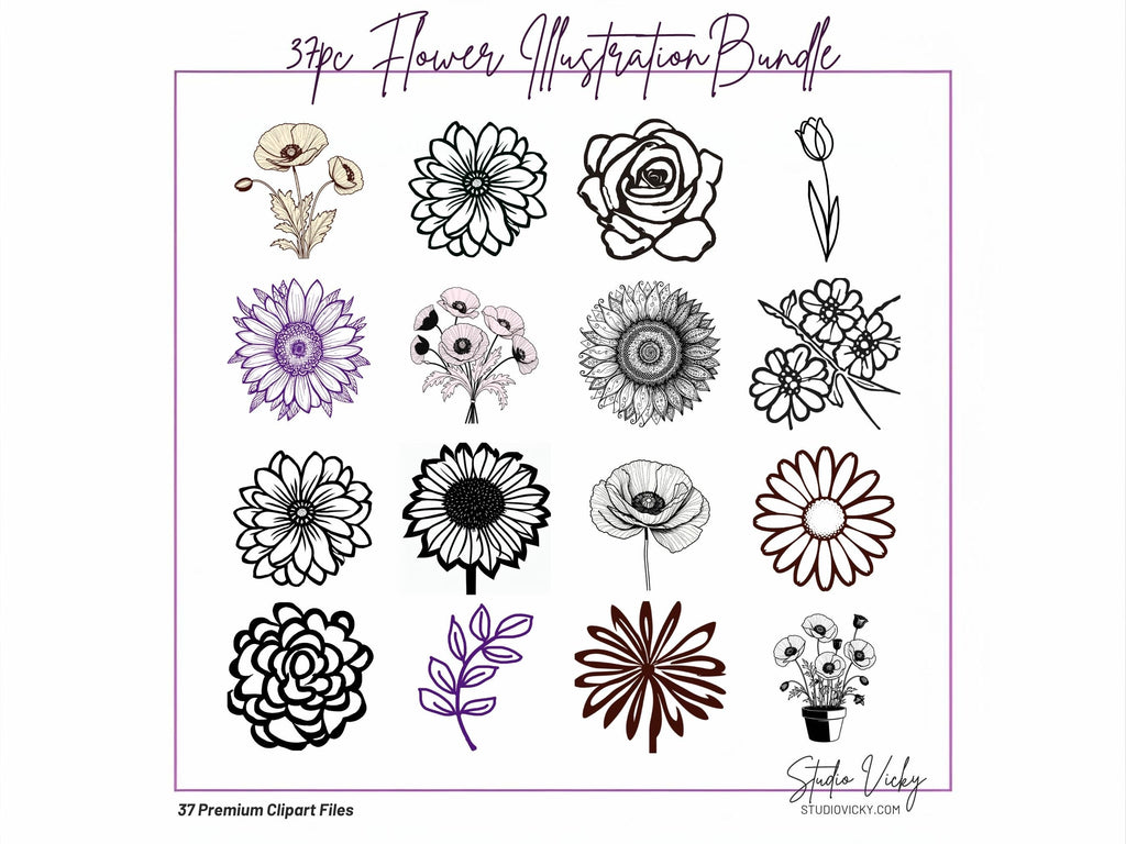 Spring Flower Illustration Bundle: 37pc Hand-Drawn PNG Designs (Digital Download)