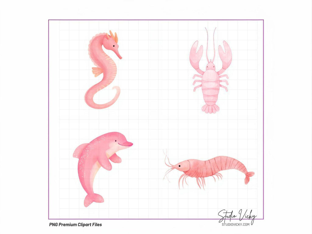 Pink Summer Sea Watercolor Clipart Bundle | Coastal Beach PNG Files
