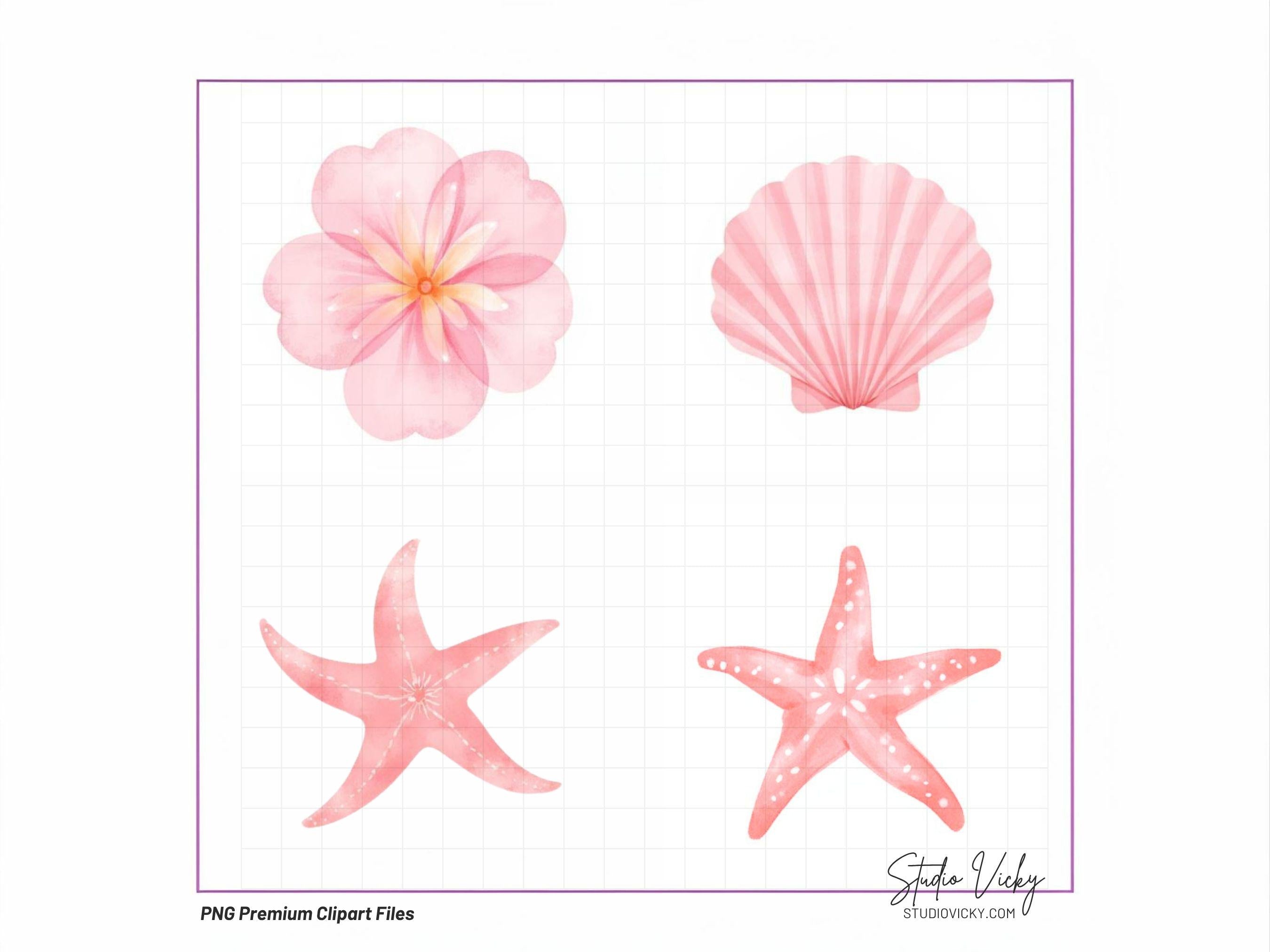 Pink Summer Sea Watercolor Clipart Bundle | Coastal Beach PNG Files
