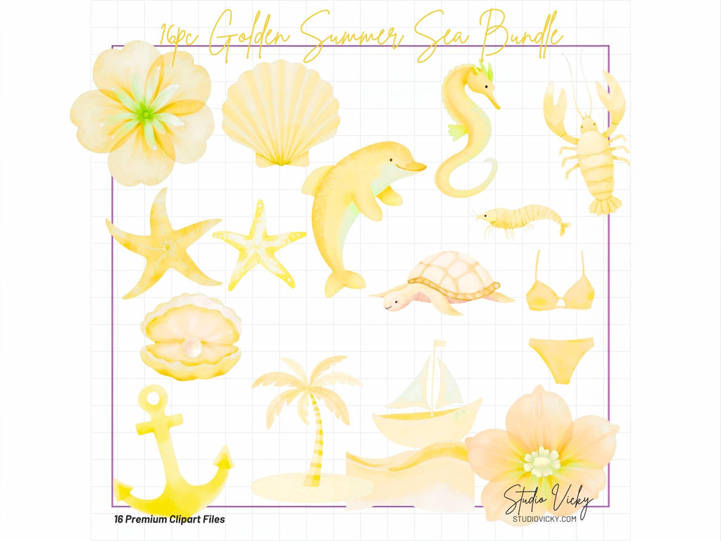 Golden Summer Sea Watercolor Clipart Bundle | Yellow Coastal Beach PNG Files