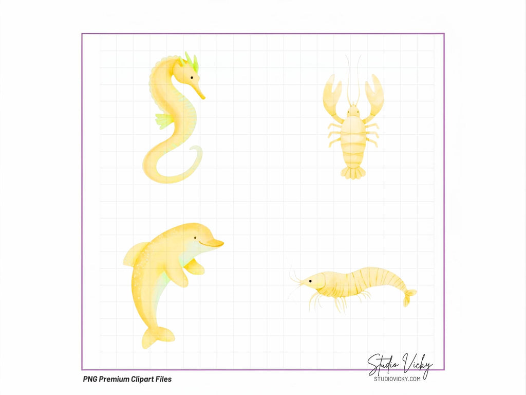 Golden Summer Sea Watercolor Clipart Bundle | Yellow Coastal Beach PNG Files
