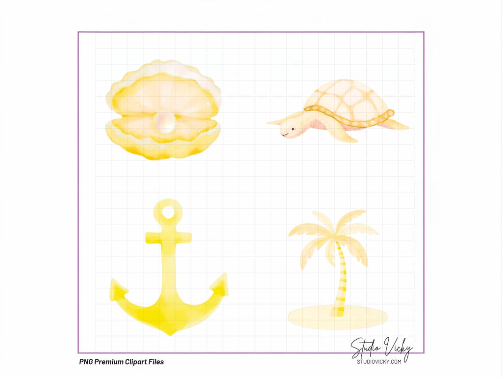 Golden Summer Sea Watercolor Clipart Bundle | Yellow Coastal Beach PNG Files